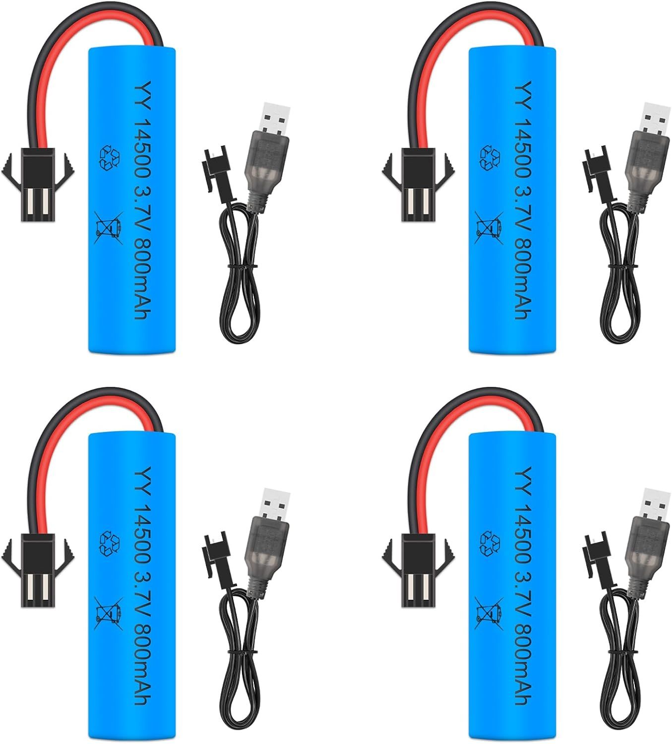 VSGDFHDFH 14500 Rechargeable Batteries, 4 Pack 3.7V 800mAh with 4 USB Chargers SM-2P Plug, 3.7v Rechargeable Battery for RC Vehicles, Boats, Tanks, Cars, Ships, Robots