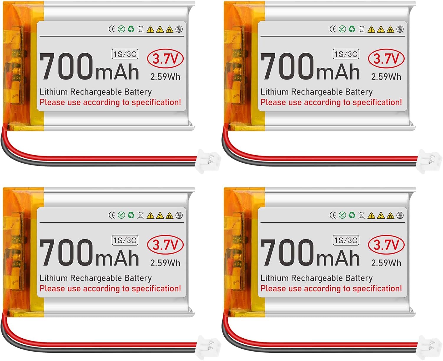 VSGDFHDFH 4-Pack Lipo 3.7V 700mAh Rechargeable Lithium Polymer Batteries with Micro PH1.25 Connector