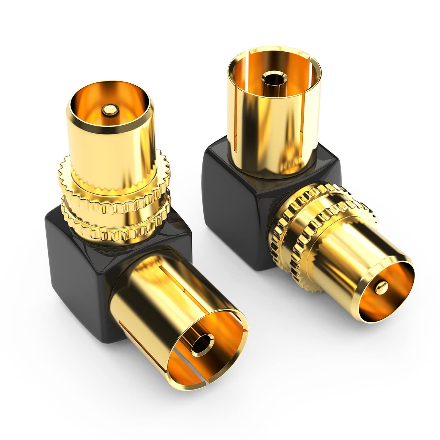 TV Antenna Adapter 90° Angle (Male to Female) Coaxial Connector Gold Plated for Antenna Cable Compatible DVB-T/DVB-T2 HD - 2 Piece Set