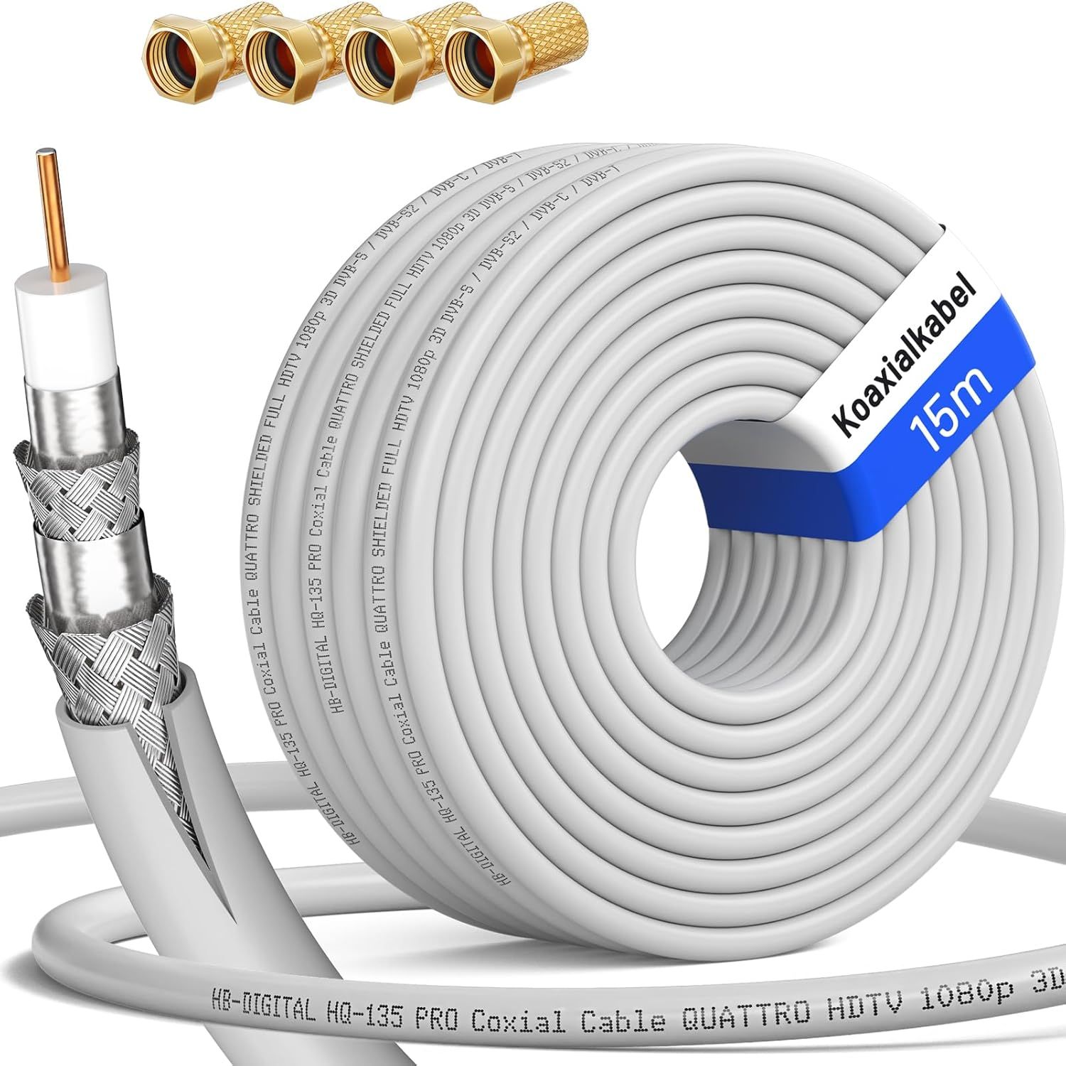 HSQ-135 PRO 4-Times Shielded Coaxial Cable 15m, 135dB for SAT Systems