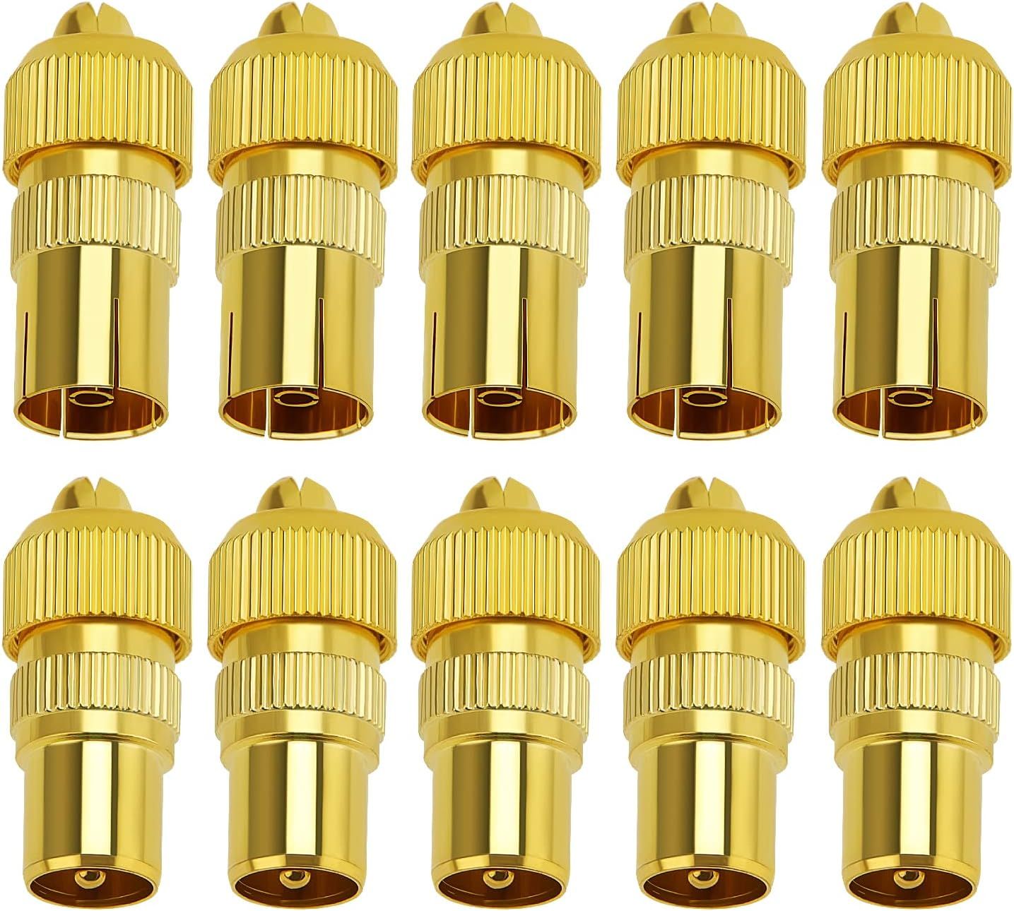 10 Piece Metal Coaxial Connectors for TV Antenna, 5 Male and 5 Female TV Antenna Connectors, TV Antenna Coaxial Adapter for RF Cable, Gold Plated