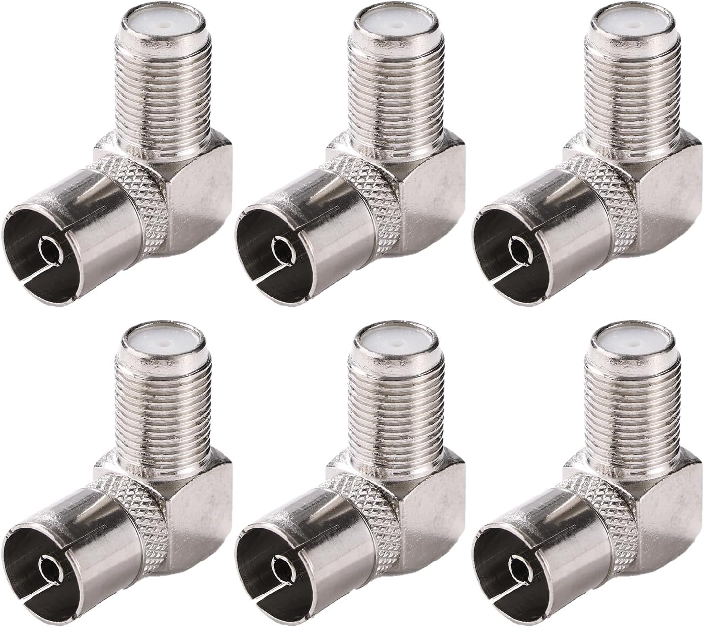6-Piece Female to Female Coaxial RF Adapter (90 Degrees, Type F Screw Connector to 9.5 TV Female Converter)