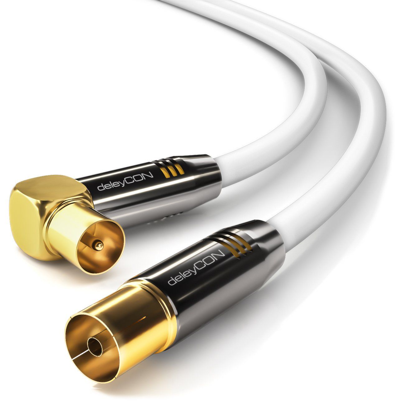 10m Coaxial Antenna Cable - 90° Bent to Straight Female to Male - HDTV Full HD - Metal Connector - White