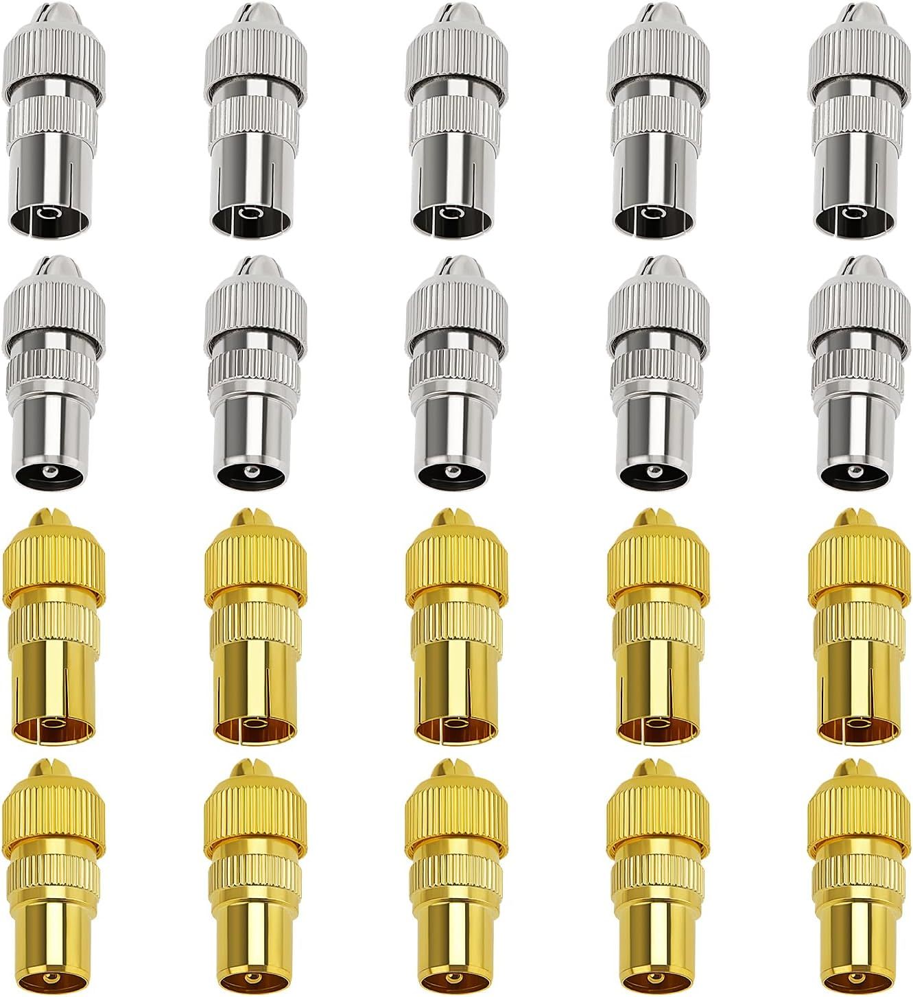 20 Piece Metal Coaxial Connectors for TV Antenna, 10 Male and 10 Female, RF Cable Antenna Adapter