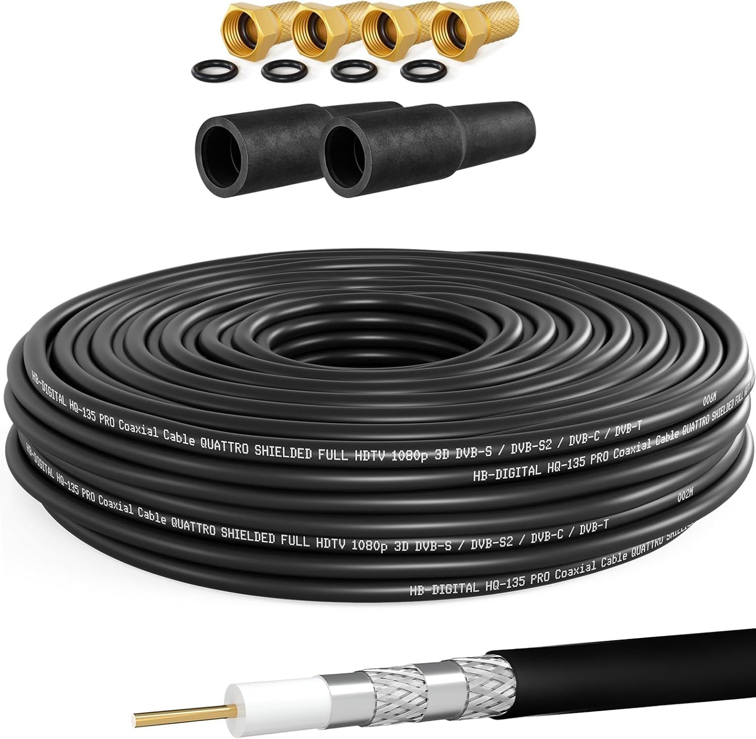 HSQ135 PRO 10m Coaxial Cable with 2 Rubber Jacks + 4 Gold-Plated F Connectors