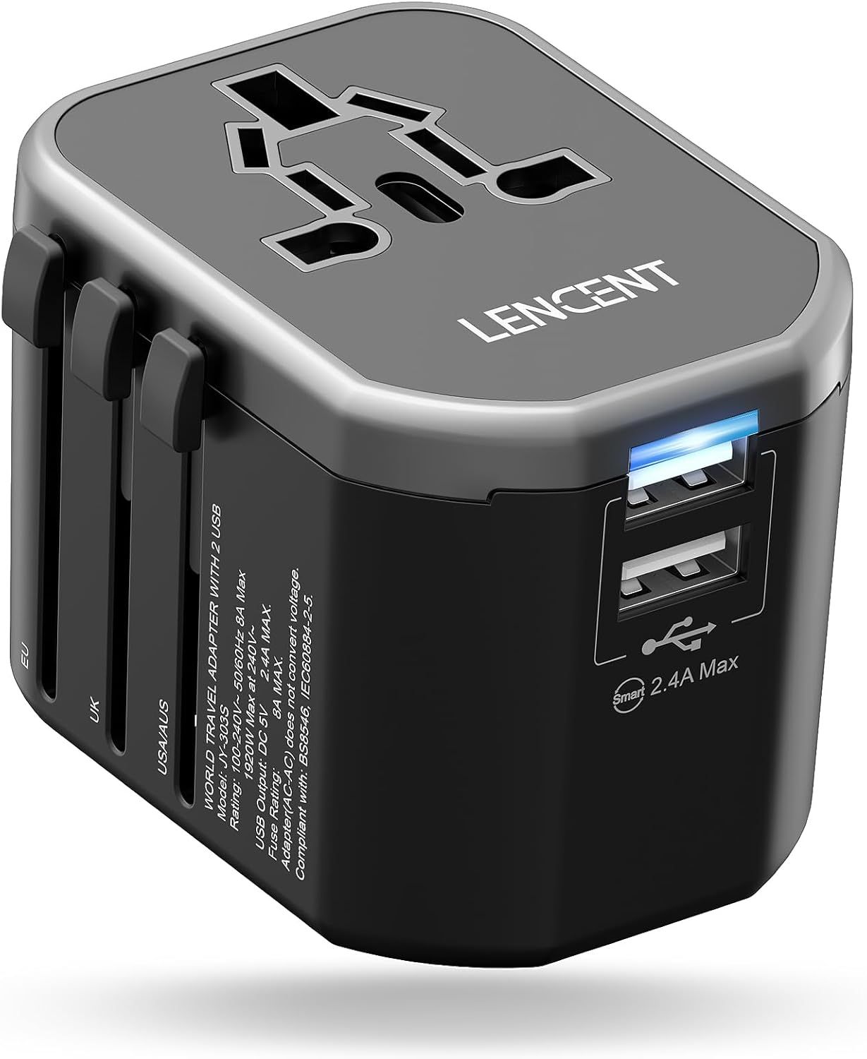 Universal Travel Adapter with 2 USB for USA UK AUS Canada IT AL, Global Wall Plug Universal Adapter for TH AI JP US EU AU More than 150 Countries