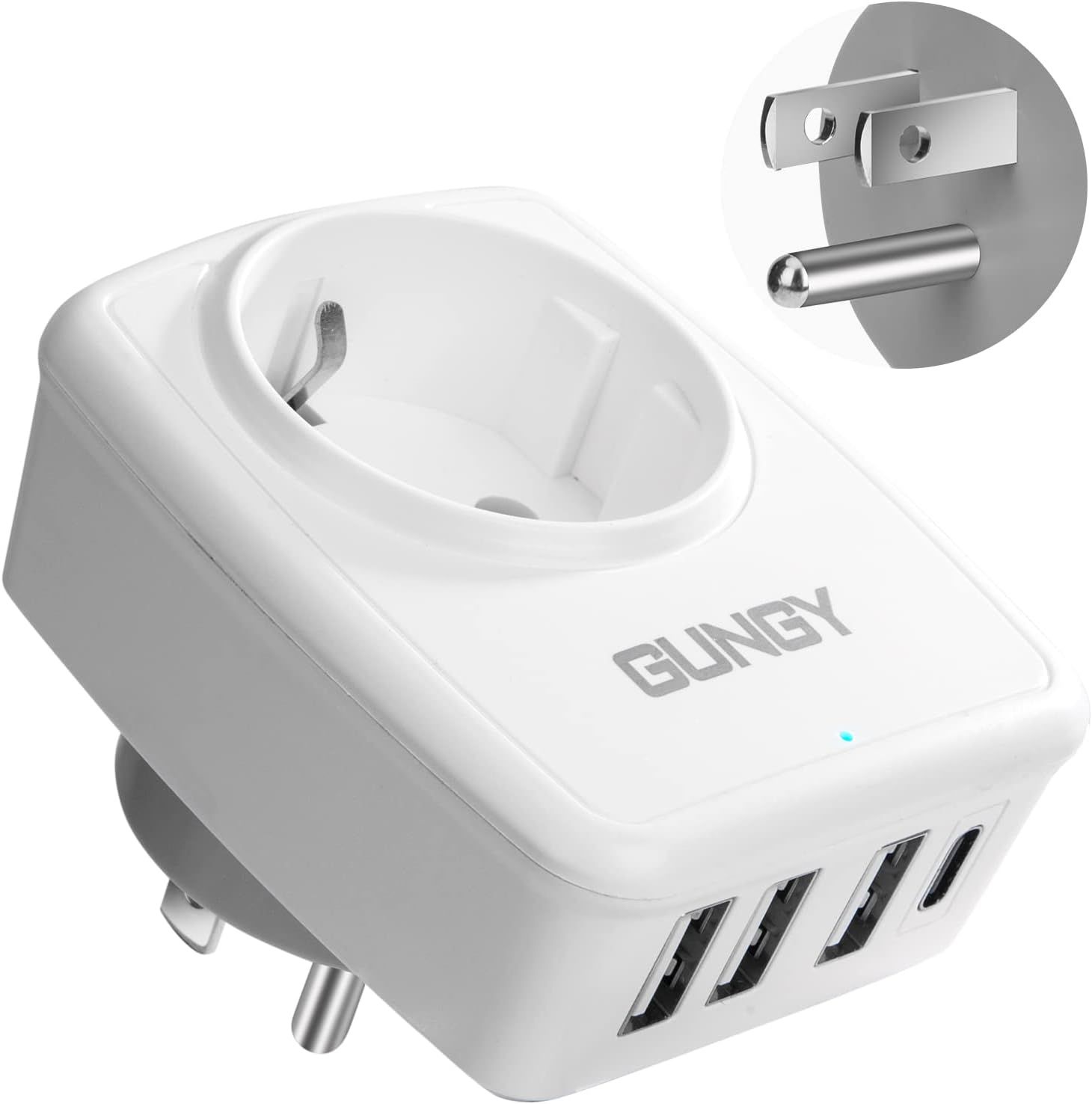 Universal Travel Adapter - White 3 USB + 1 USB-C Adapter (Type B) - Europe to USA for US, Canada, Mexico, Thailand