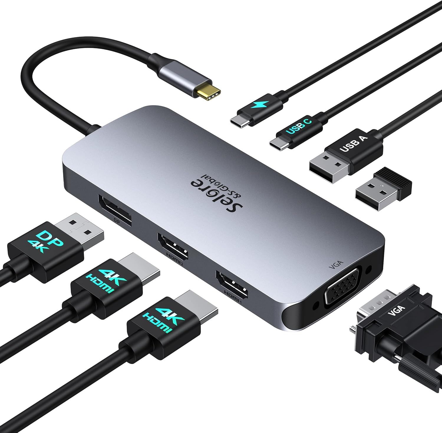 USB C Docking Station, 8-in-1 Hub with Dual HDMI and Displayport/VGA for MacBook, Lenovo, Microsoft