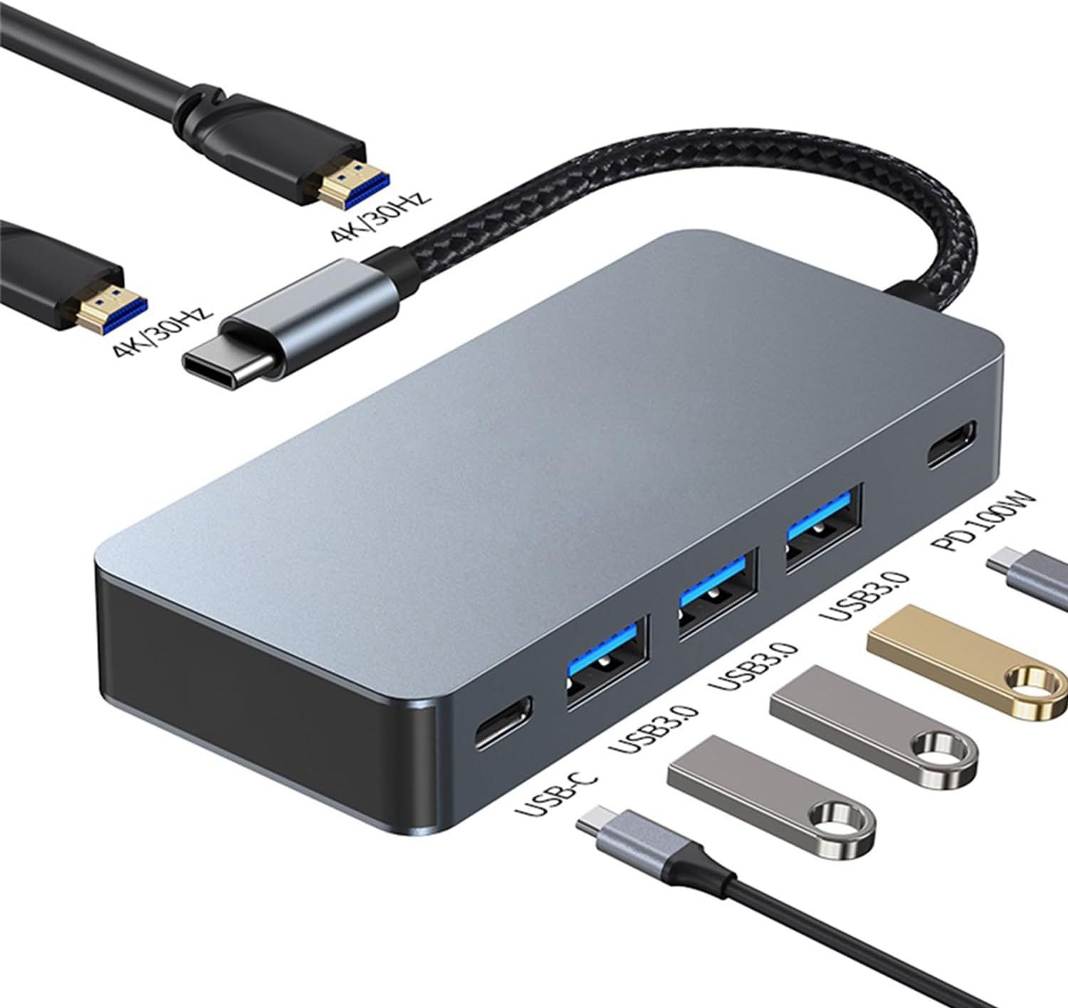 USB-C to HDMI Double Docking Station (7-in-1, 2HDMI + 3USB3.0)