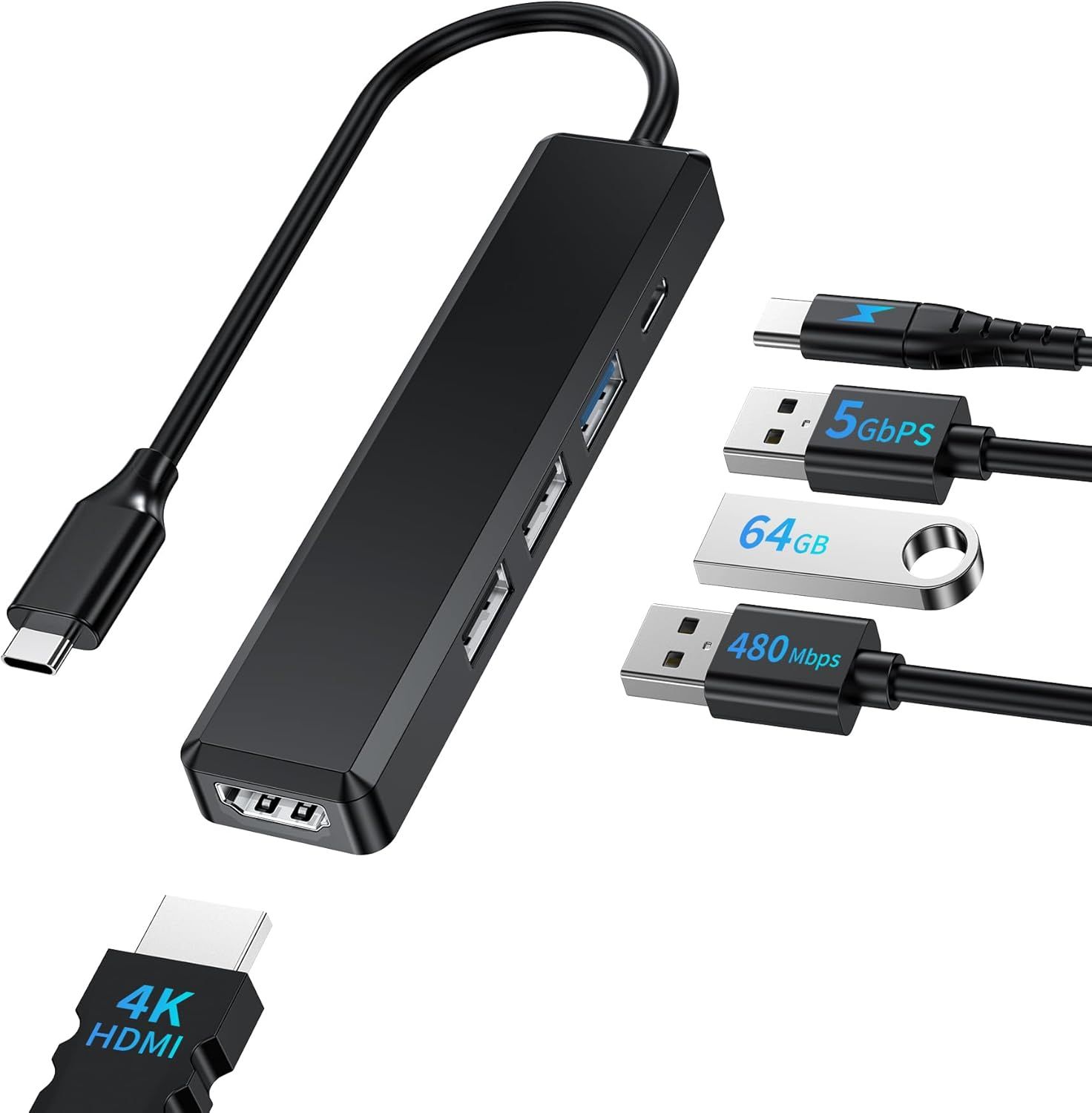 VDFHDFJGFJ USB-C Hub with HDMI 4K, PD 100W Charging, USB 3.0 & USB 2.0 Ports