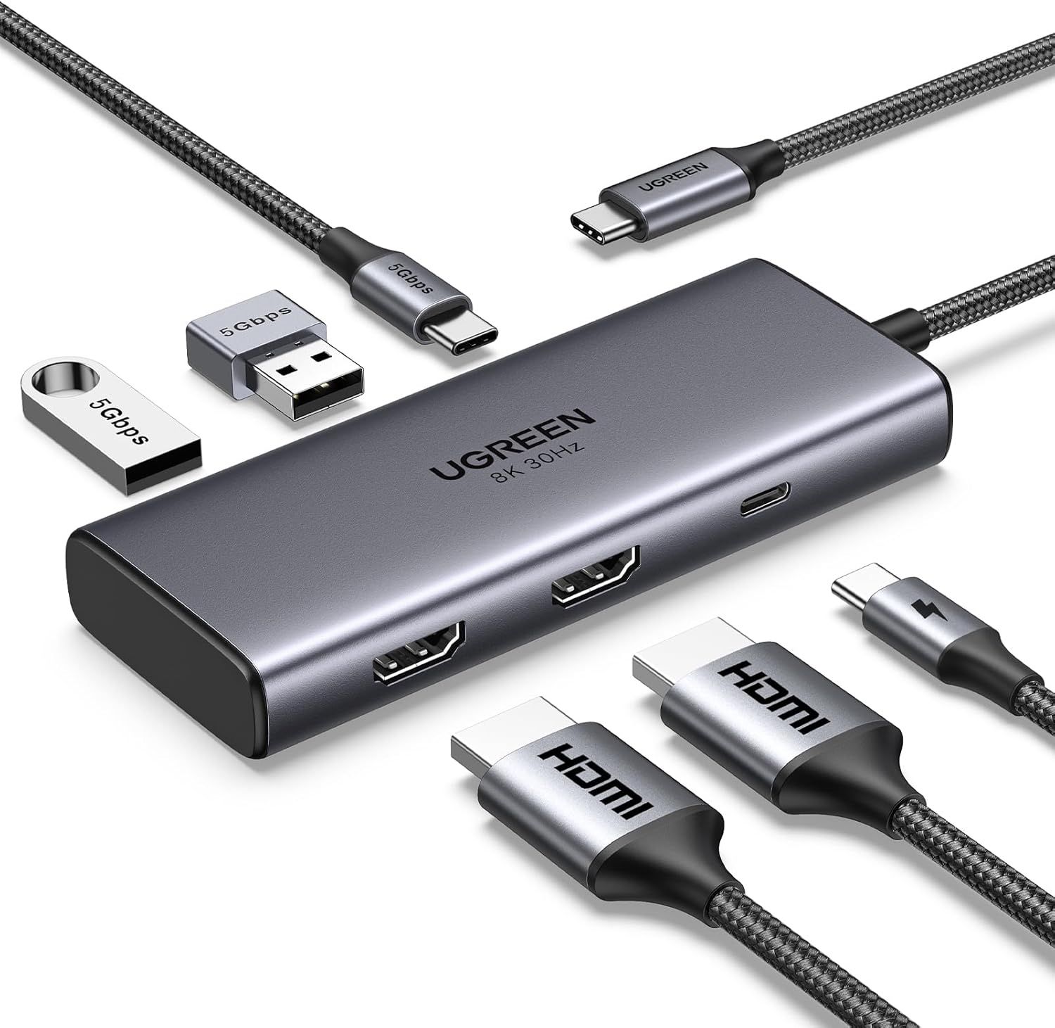 Revodok 206 USB-C Hub - Dual HDMI 4K60Hz/8K30Hz, 100W PD Charging, Multi-Port Docking Station