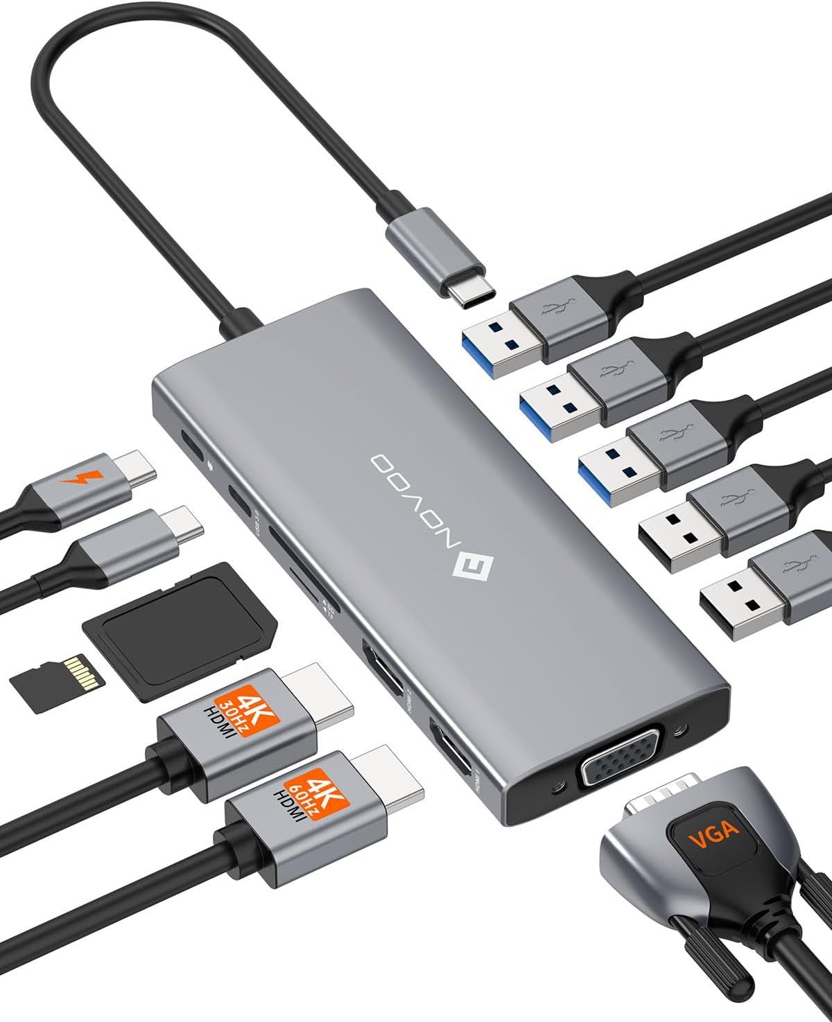 USB-C Triple Screen Docking Station 13-in-1 with Dual 4K @ 60Hz HDMI Hub, VGA Adapter, 100W PD, USB-C Data Port, SD/TF for MacBook M2/M3, HP