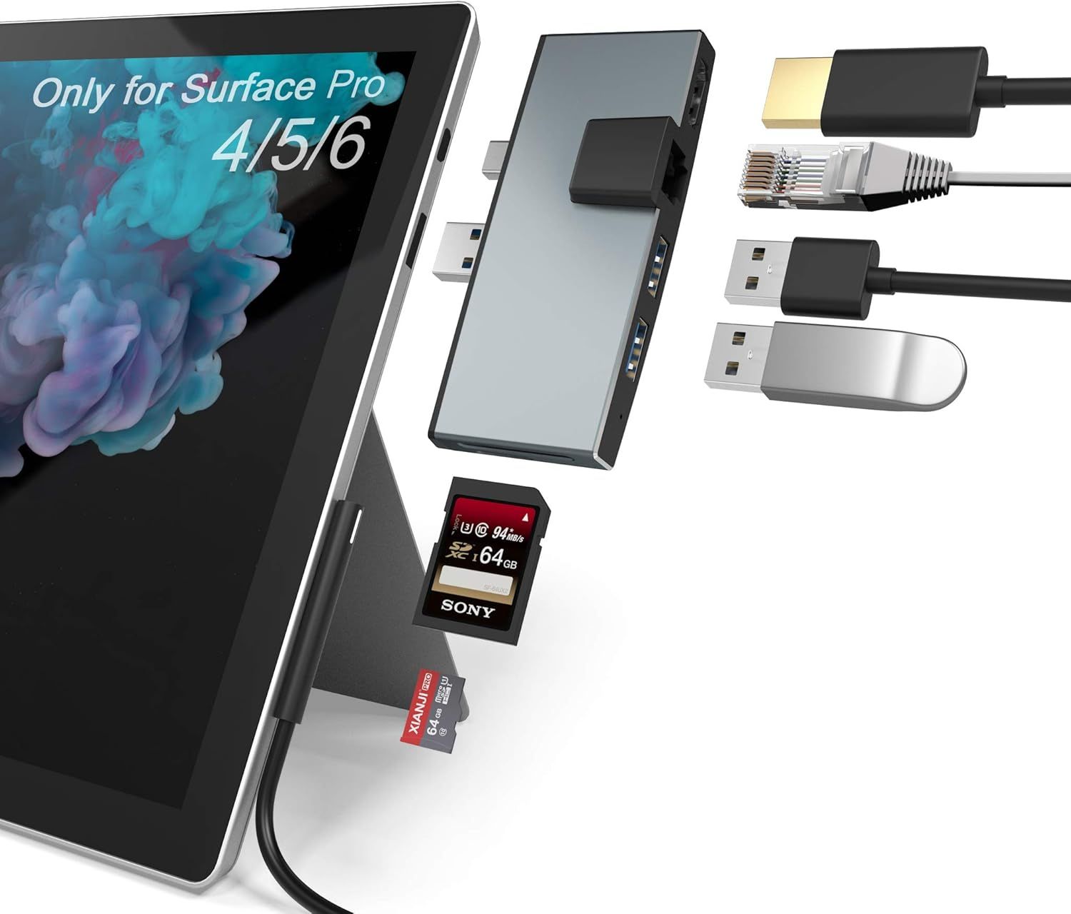 USB 3.0 Docking Station for Microsoft Surface Pro 5/6 with Ethernet, HDMI 4K, USB 3.0 Ports, SD/Micro SD Card Reader