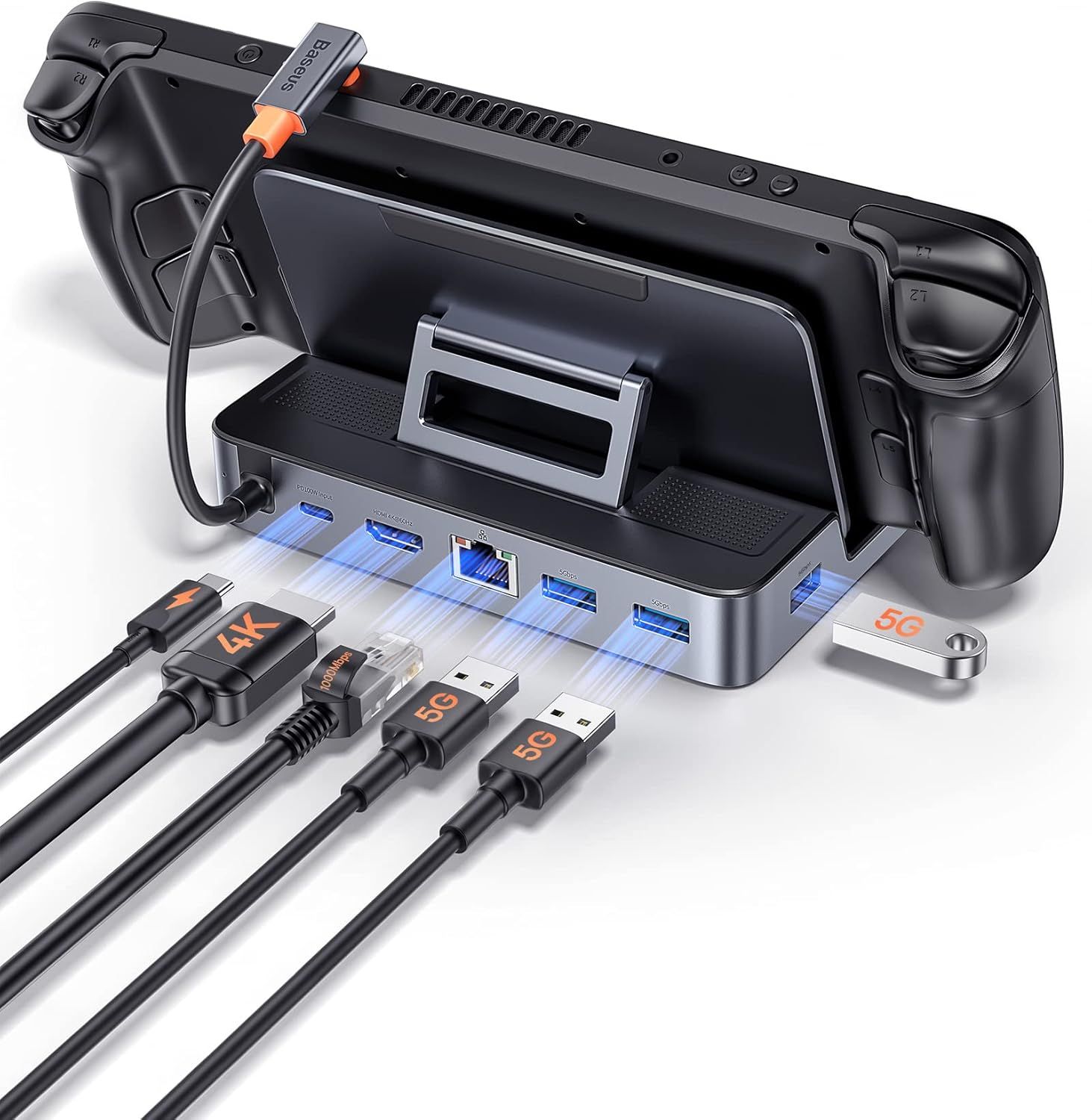 Steam Deck Docking Station with Adjustable Stand, 6-in-1 Hub for Steam Deck with HDMI 4K@60Hz, 3 USB-A 3.0, Ethernet, and Quick Charge PD 100W