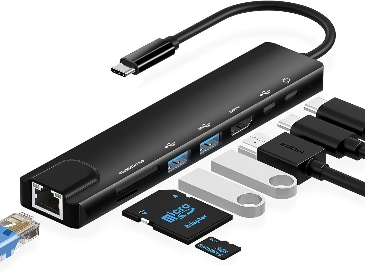 USB-C Hub with Ethernet Adapter 8-in-1 Type C with 100W PD, 4K HDTV, USB 3.0/2.0, C Port, SD/TF Card Reader for iPhone 15, MacBook, iPad, Samsung, Surface, etc.