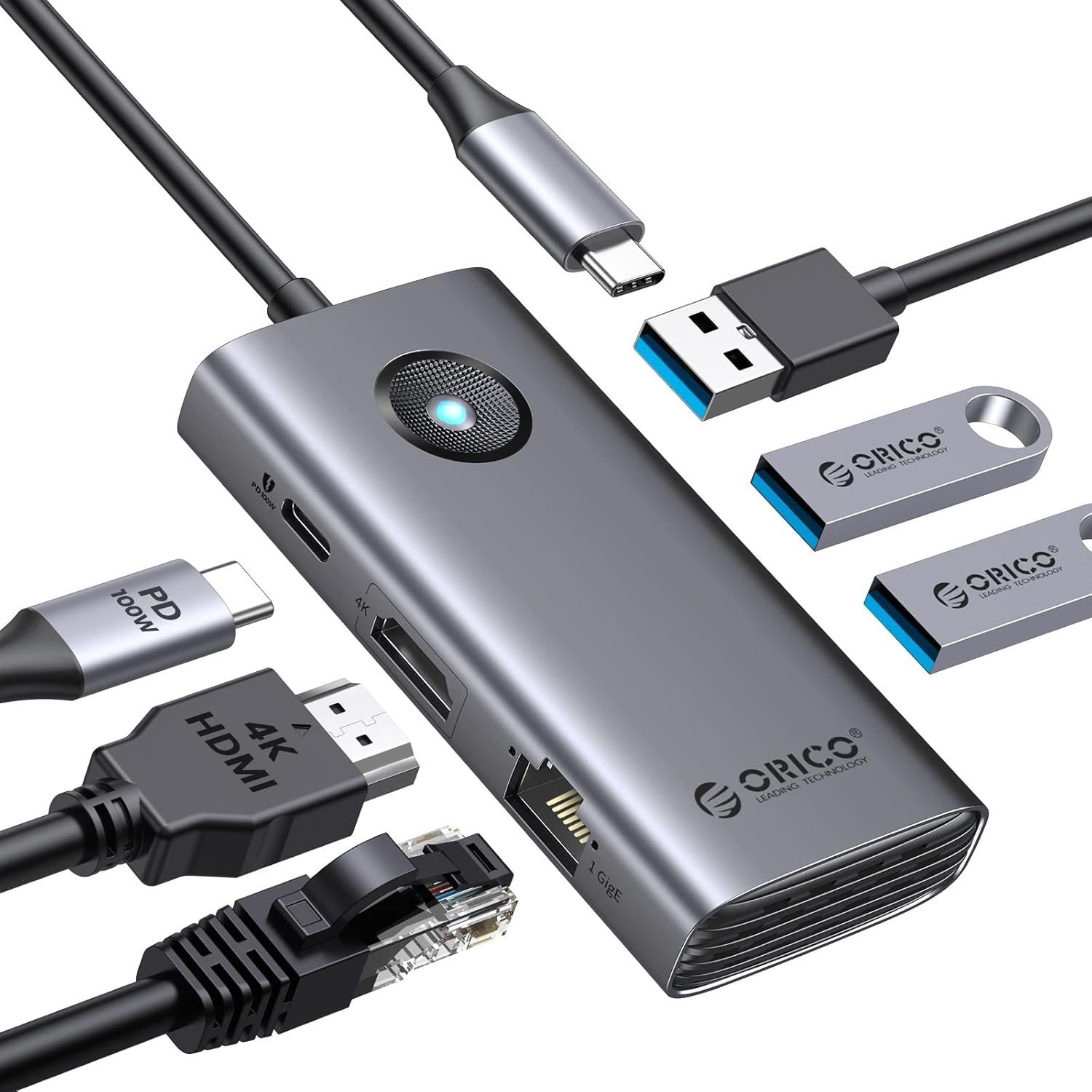USB C Docking Station, 6-in-1 Hub with Ethernet 1G, HDMI 4K 30Hz, PD 100W, 3 USB A 5Gbps Ports