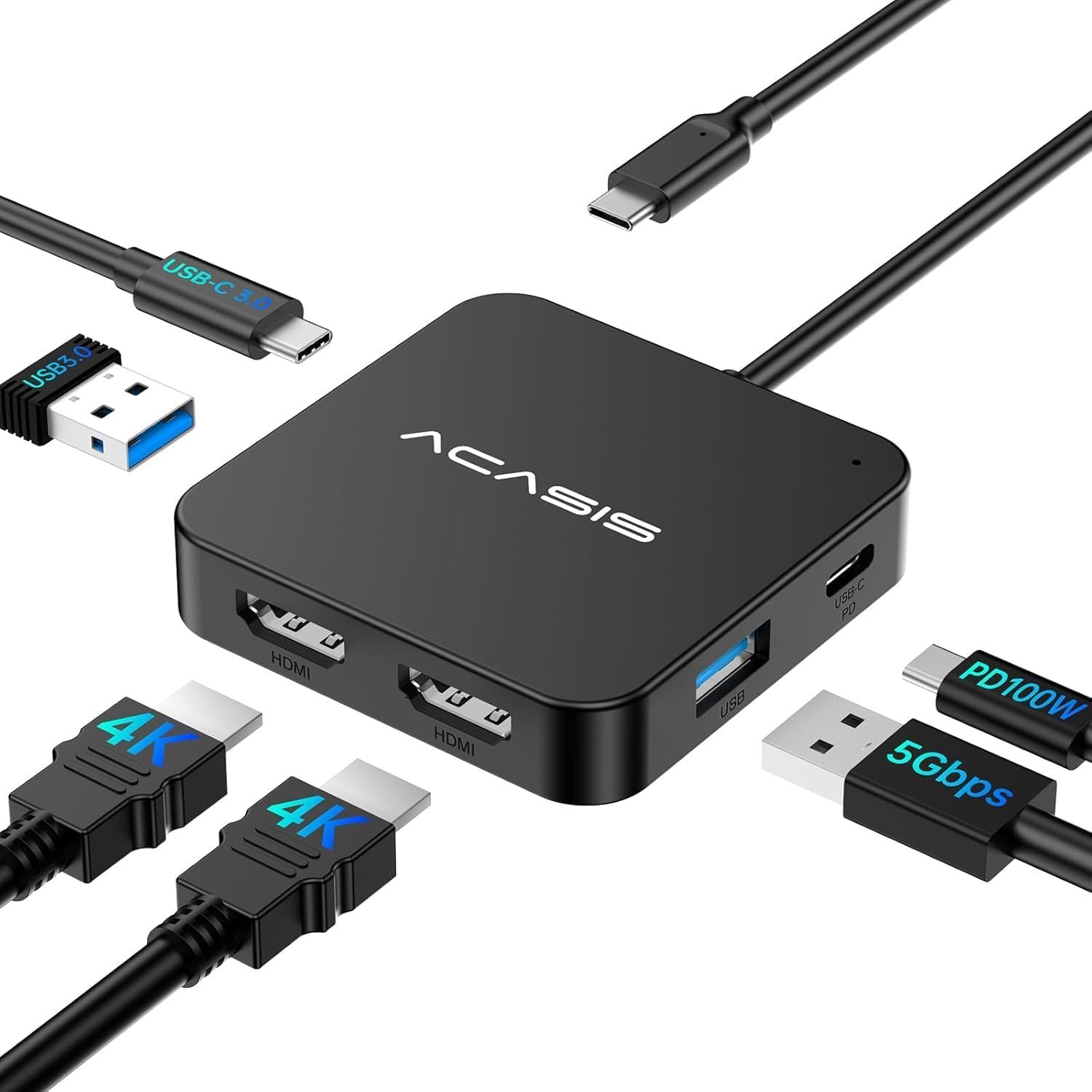 VDFHDFJGFJ USB C Hub for Dual Monitor, 6-in-1 Dock with 4K HDMI, 100W PD, 2x USB 3.0, 1x USB C 3.0