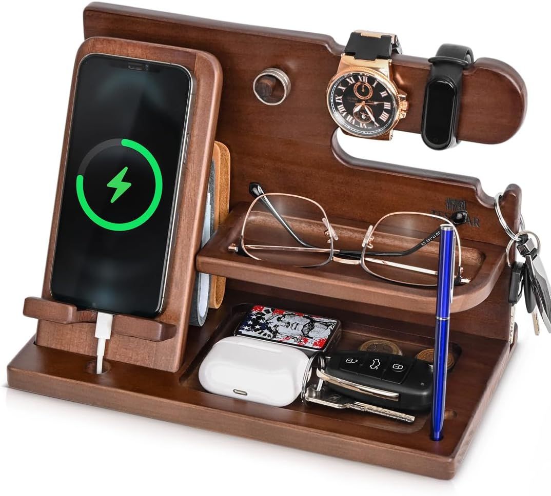 Wooden Phone Dock Station for Men's Desk Accessories and Space Organizer