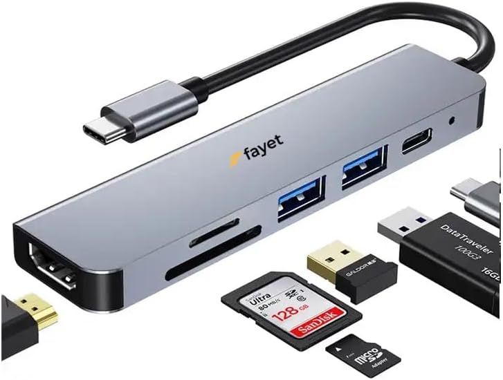 USB-C 6-in-1 Hub Adapter - 4K Output, USB 3.0/2.0 Ports, SD/TF Card Reader, PD Charging, MacBook Compatible