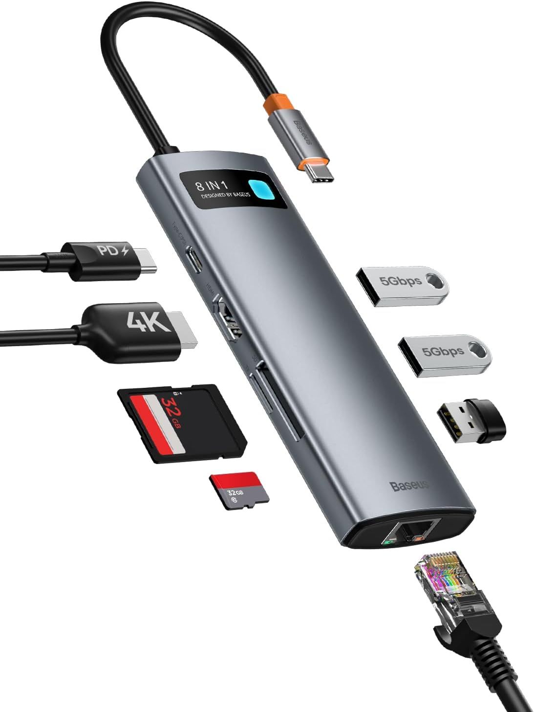 8-in-1 USB-C Hub Adapter with 4K HDMI, Gigabit Ethernet, 100W PD, 3 USB A 3.0, SD/TF Card Reader, Dock for MacBook Pro/Air, Surface Pro, iPad Pro, Dell, Steam Deck