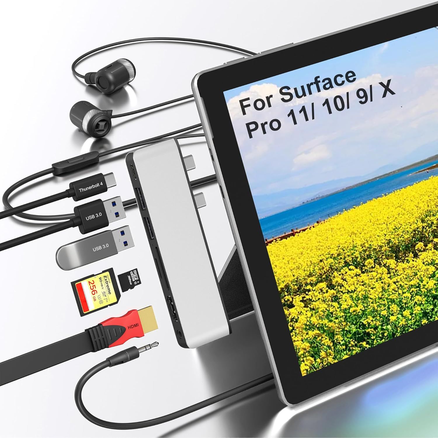 Surface Pro 9 Docking Station with HDMI 4K, USB-C Thunderbolt 4 (Video+40G+100W Charge), 2 USB 3.0 Ports, SD/TF Slot, Audio 3.5mm