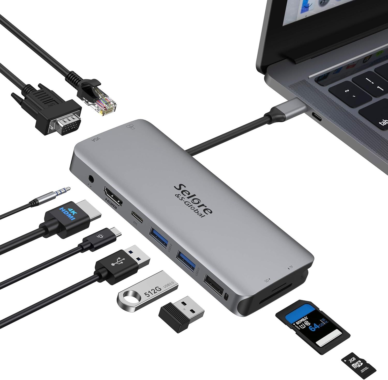 USB-C Hub 10-in-1 with HDMI, VGA, Ethernet, SD/Micro SD, Audio, and Power Delivery