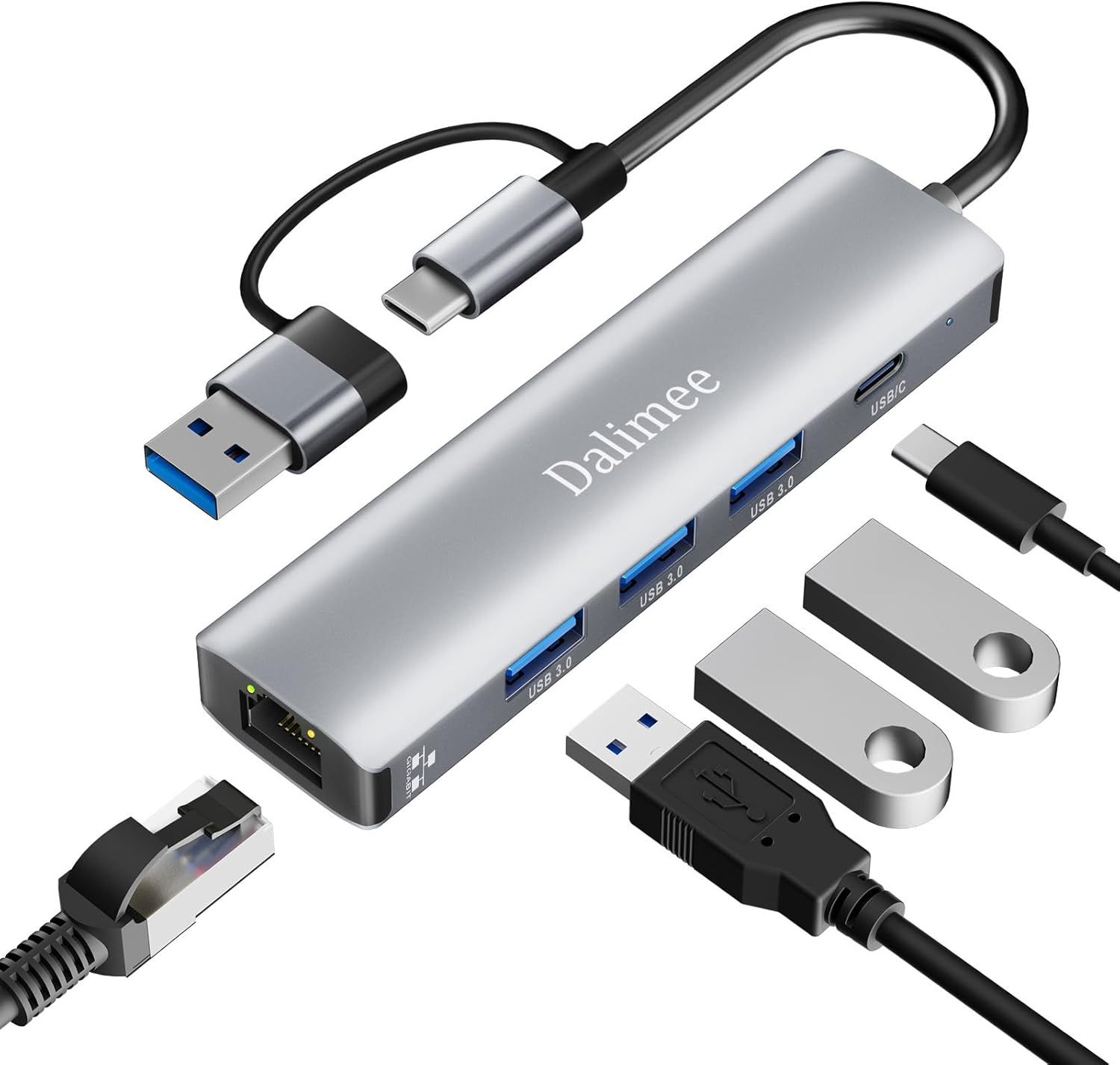 Hub USB 3.0, 5-in-2 USB C Docking Station with 3 USB 3.0 Ports, Gigabit Ethernet, Aluminum for MacBook, iPad, iPhone and More Type C Devices