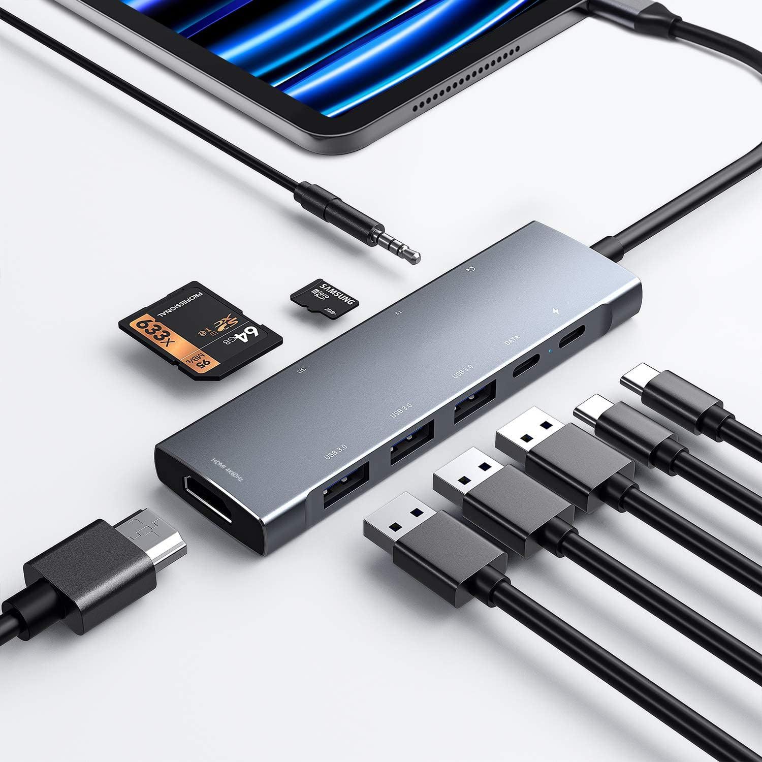 VDFHDFJGFJ USB-C to iPad Pro 9-in-1 Docking Station with 4K HDMI, USB-C, SD/TF Card Reader, USB 3.0, 3.5mm AUX, C Type Data, Compatible with iPad Pro M4, M2, M1, 13