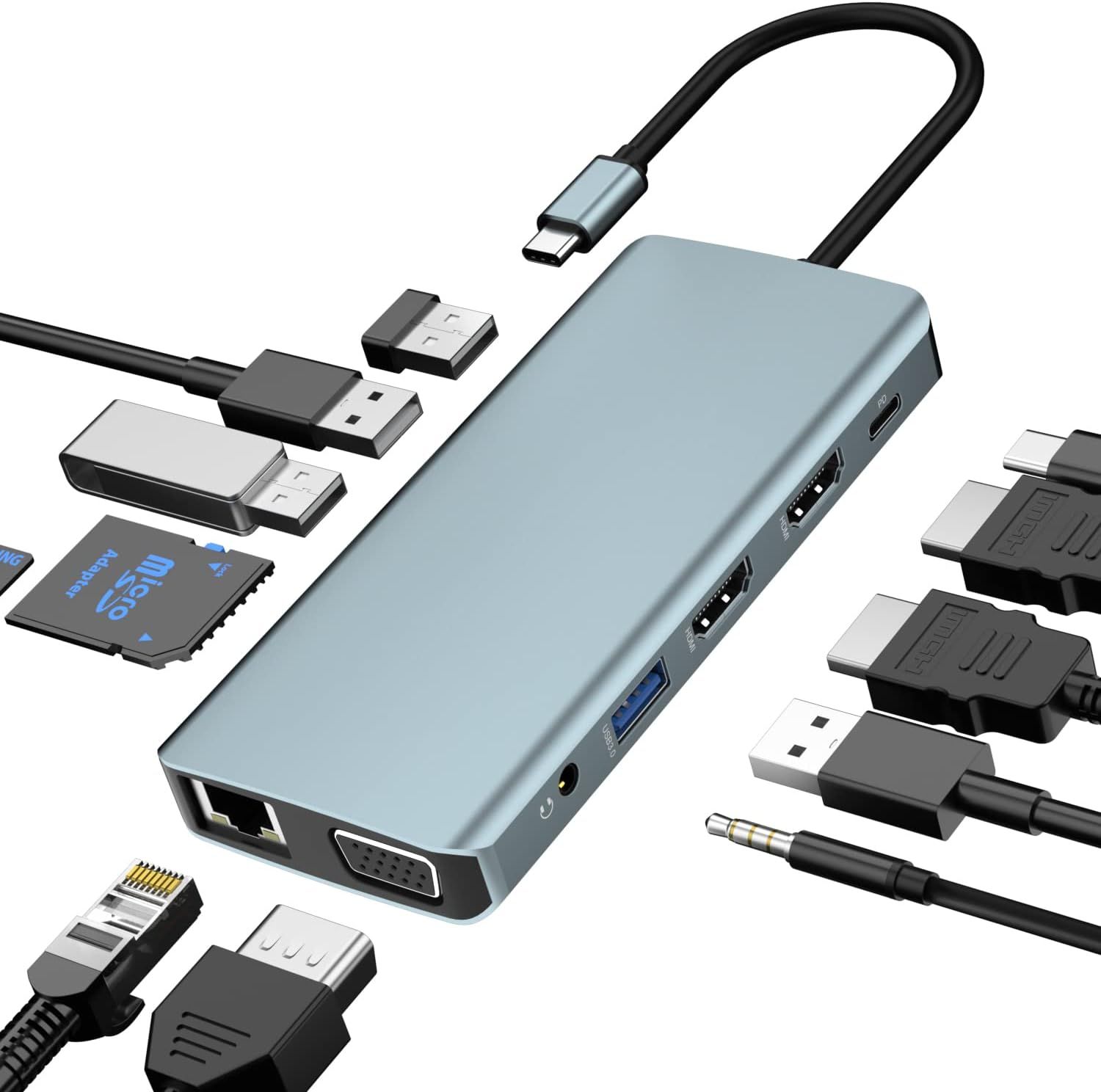 USB-C Docking Station, 12-in-1 Concentrator, Double HDMI+VGA Adapter, Multi-Port Laptop Docking Station 100W PD