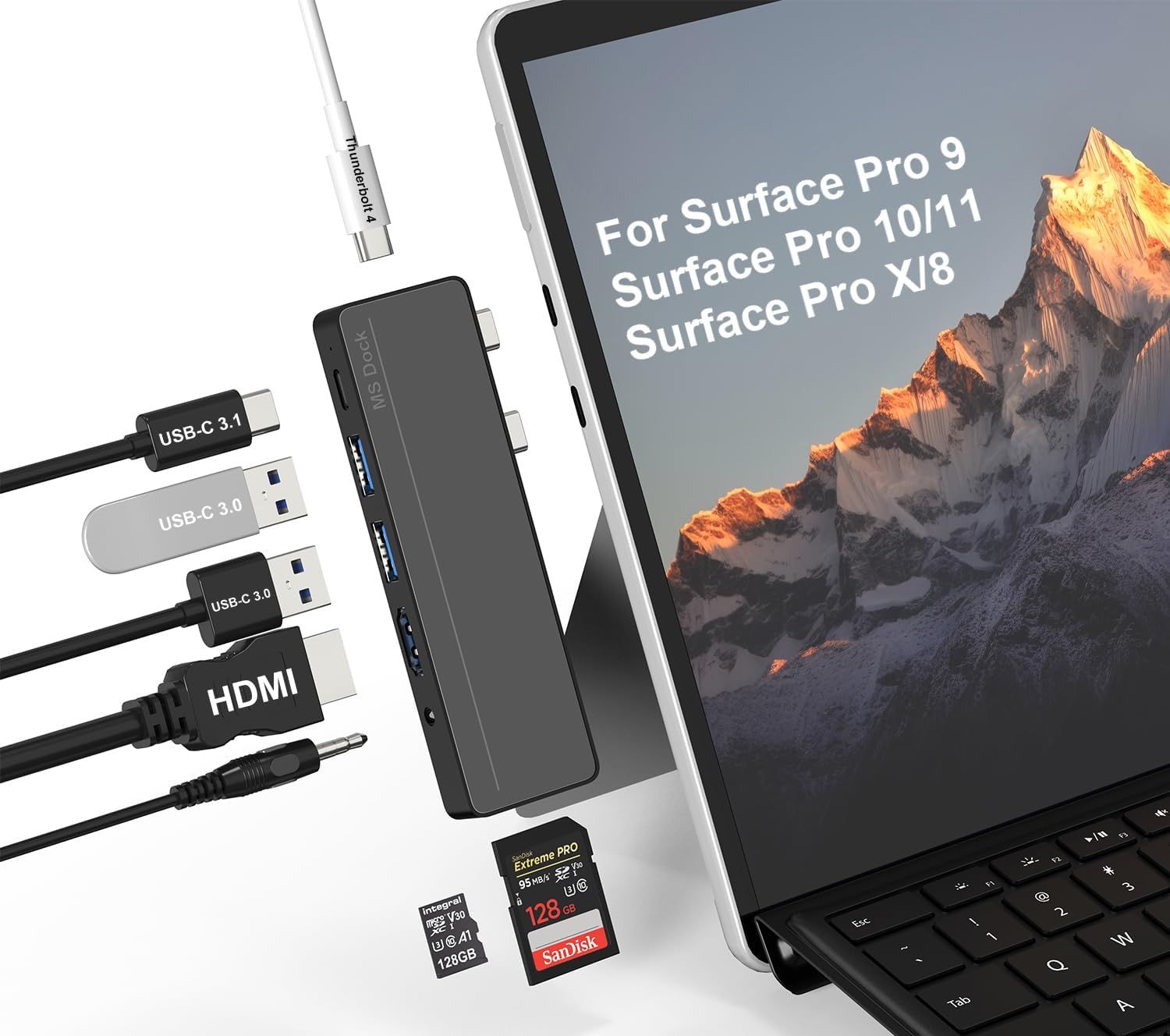 Surface Pro 8/9/10/11/X Docking Station - Surface Pro 9 Adapter with HDMI 4K, Thunderbolt 4 (8K@30Hz Video + 40G Data + 100W PD Charging)