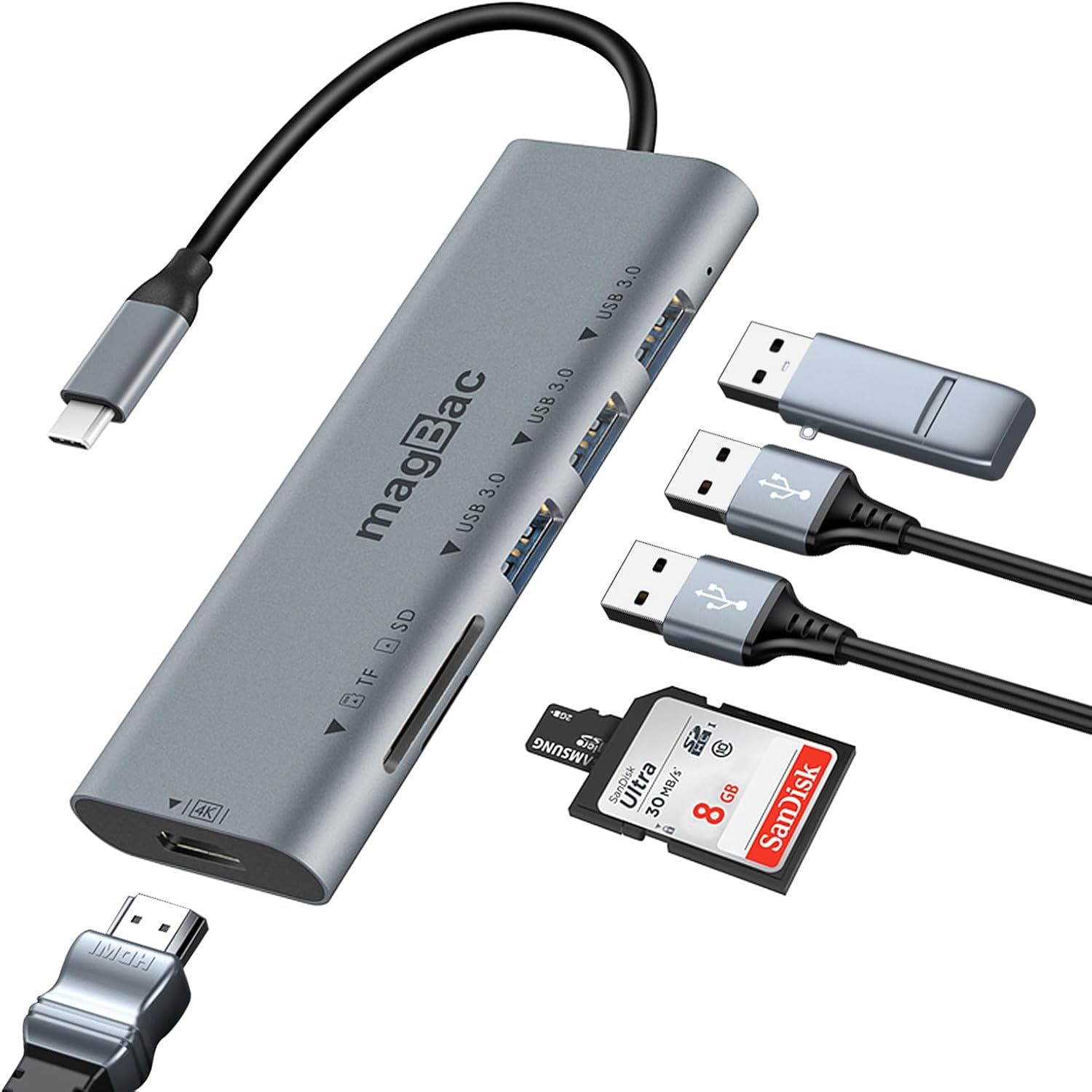 VDFHDFJGFJ USB-C 6-in-1 Docking Station - Multi-Port USB-C Hub with HDMI 4K, 3 USB A 3.0 5 Gbps, SD/TF Card Reader - Aluminum for MacBook, iPad, Dell, HP, Lenovo