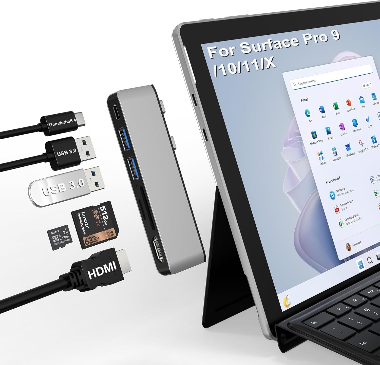 VDFHDFJGFJ Surface Pro 9 Docking Station with HDMI 4K, Thunderbolt 4 (Video + Data + 100W Charging), 2 USB 3.0 Ports, SD/TF Card Slot, Triple Display (Surface Pro 9 + HDMI + USB C)