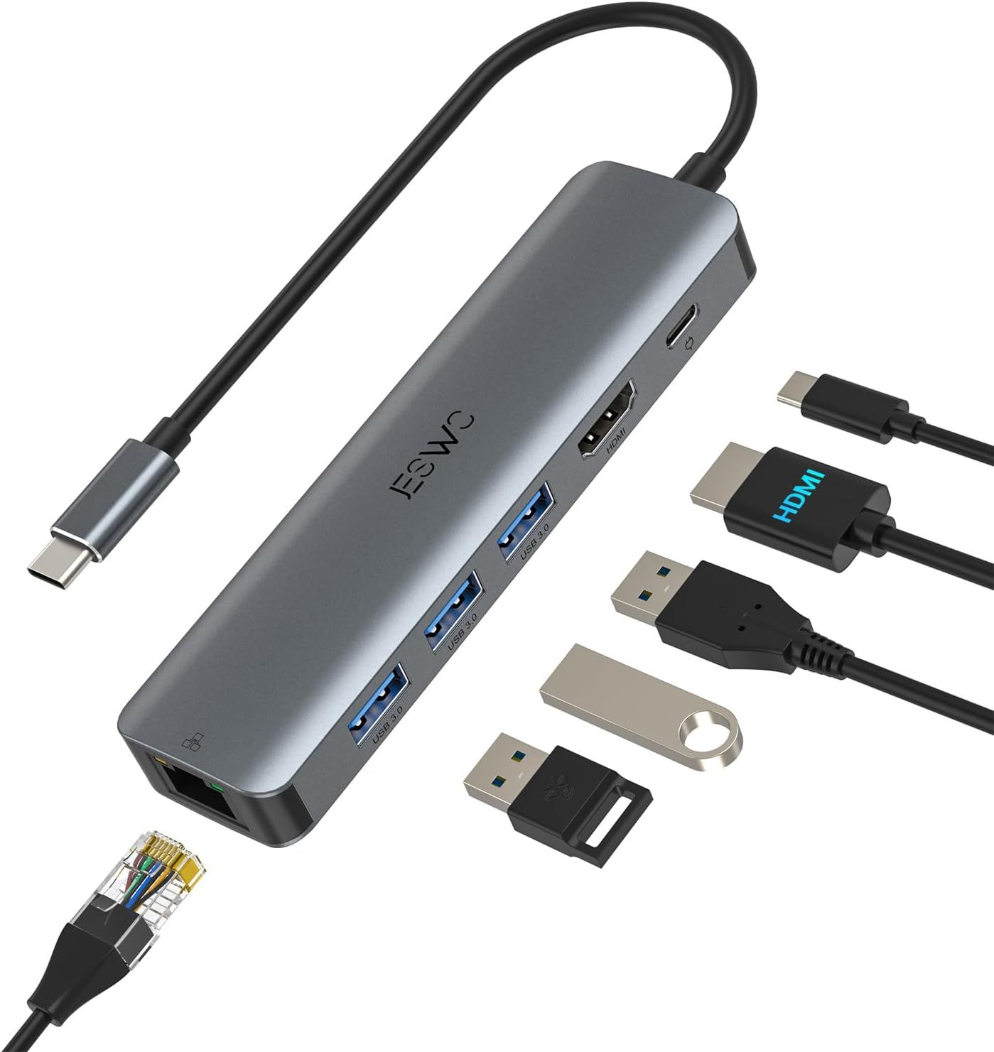 6-in-1 USB-C Hub and Adapter with Ethernet, 4K HDMI, 100W PD, 3x USB 3.0 Ports, Type-C Multiport for Thunderbolt 3 Laptops MacBook Air/Pro, iPad Pro M1/M2, Mac Mini