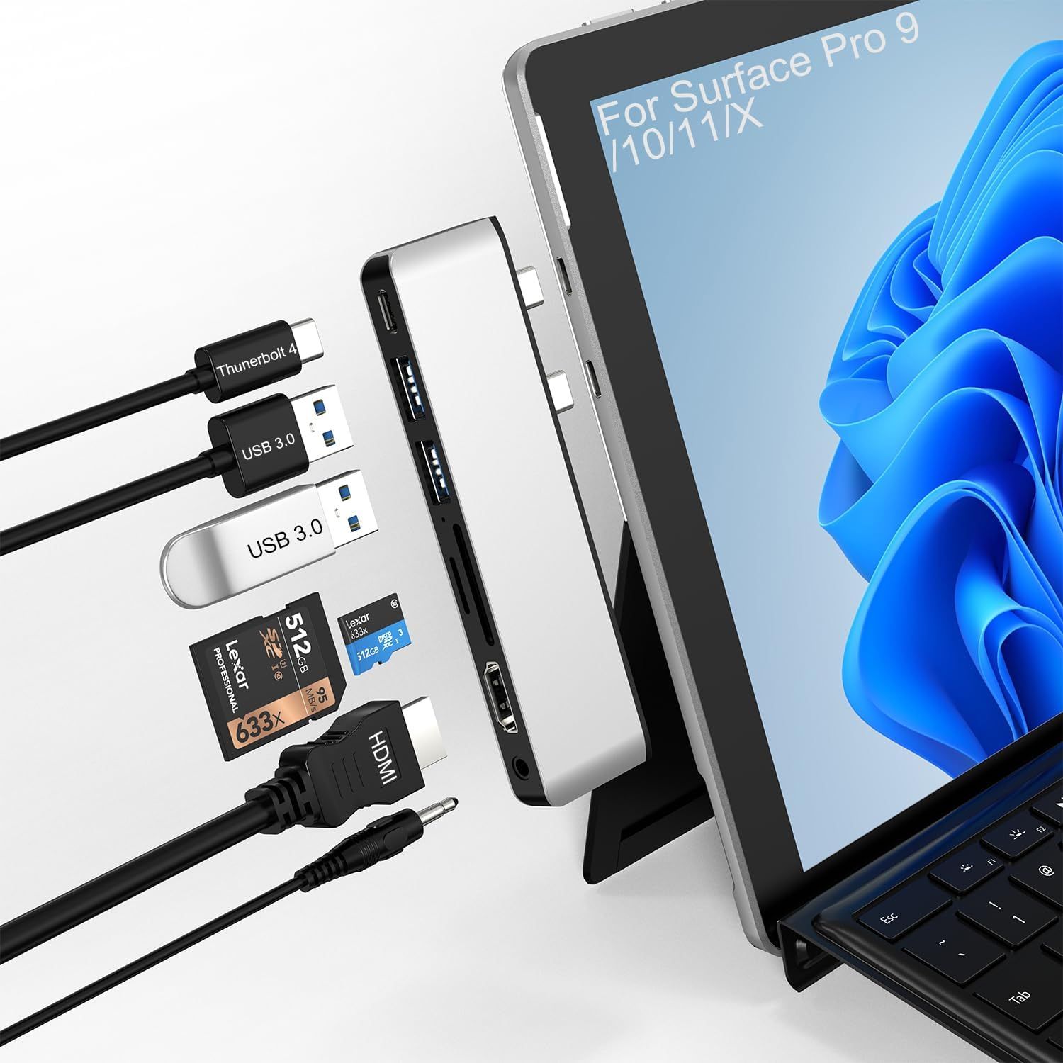 Surface Pro 9 Docking Station with HDMI 4K, USB-C Thunderbolt 4 (Display+Data+100W PD), 2 USB 3.0, Audio 3.5mm, SD/TF Card Reader