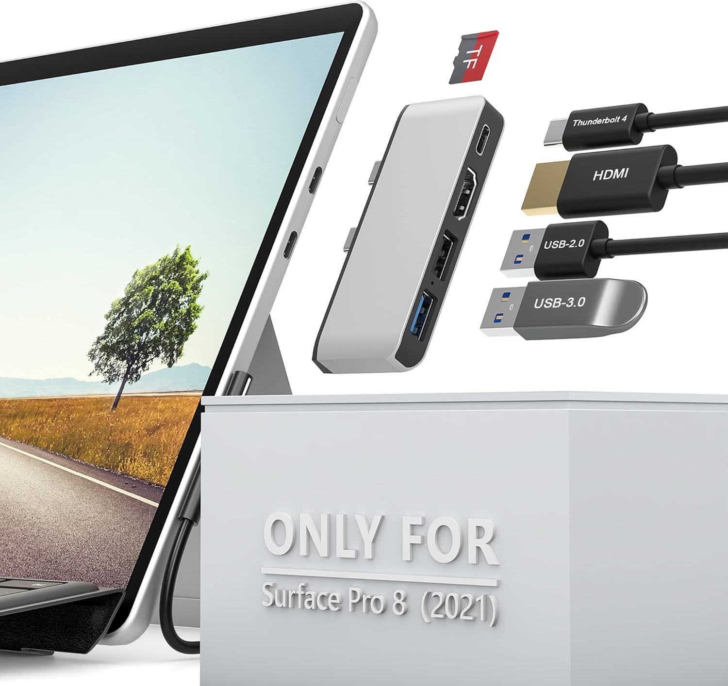 Surface Pro 8 USB-C Hub Adapter with 4K HDMI, Thunderbolt 4 (Display+PD Charging+Data), USB 3.0, USB 2.0, TF Card Slot, Dual Monitor Docking Station (HDMI+USB C)