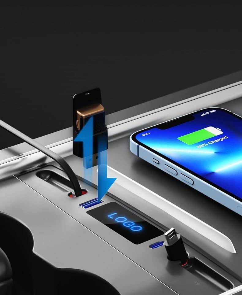 Tesla USB Hub, Quick Charge with Cable Adapter for Tesla Model 3/Y (2021-2023) Central Console Dock for Interior Accessories