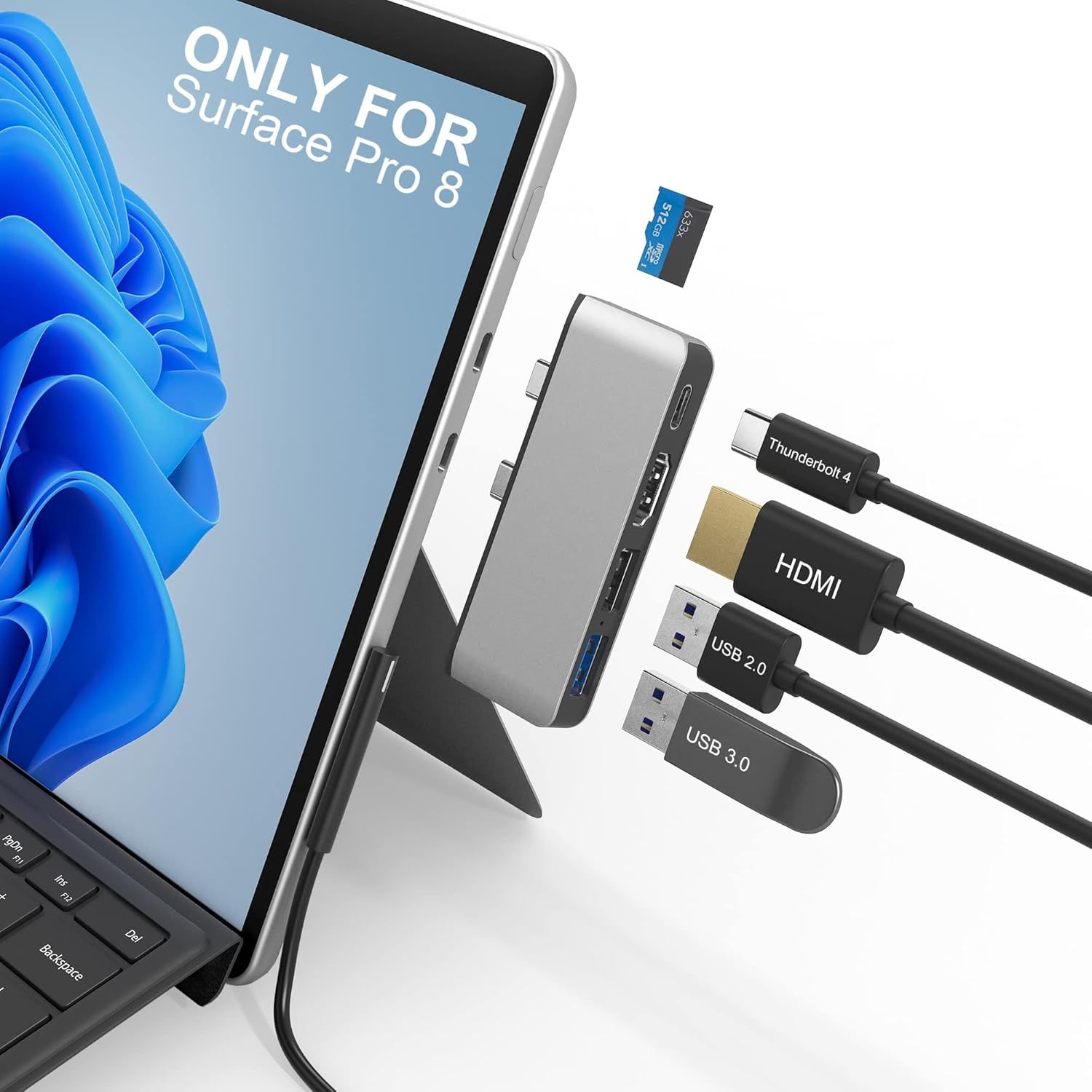 Surface Pro 8 Hub Dock with HDMI 4K, USB-C Thunderbolt 4 (Display+Data+PD), USB 3.0, USB 2.0, TF, Triple Display (Surface Pro 8 + HDMI + USB C)