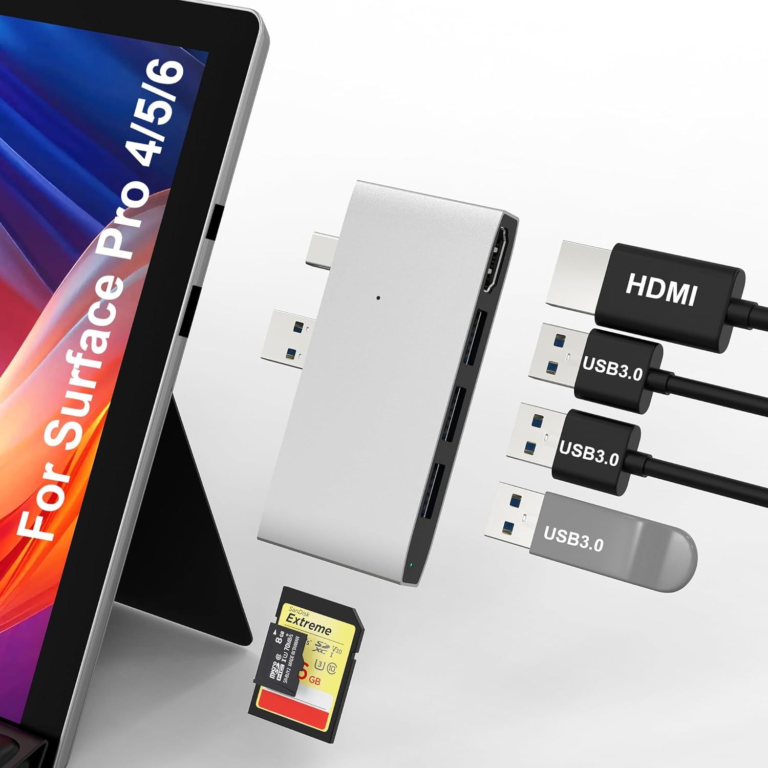 Surface Pro 6/5/4 Docking Station - USB3.0 Hub with 3 Ports, HDMI 4K, SD/TF Card Reader
