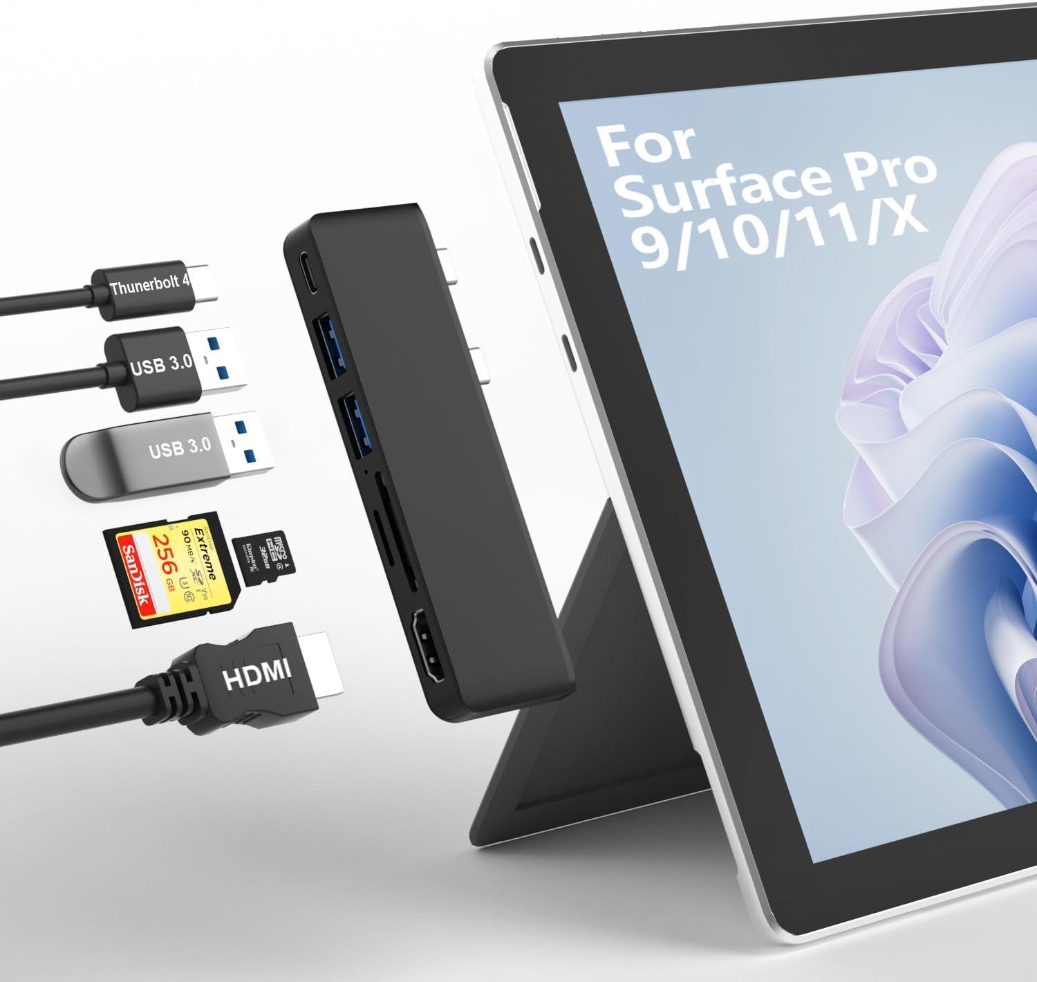 Surface Pro X Hub Docking Station, Microsoft Surface Pro X Accessory 6-in-2 with HDMI 4K + USB C Audio & Data Transfer + 2 USB 3.0 + SD/TF Card Reader