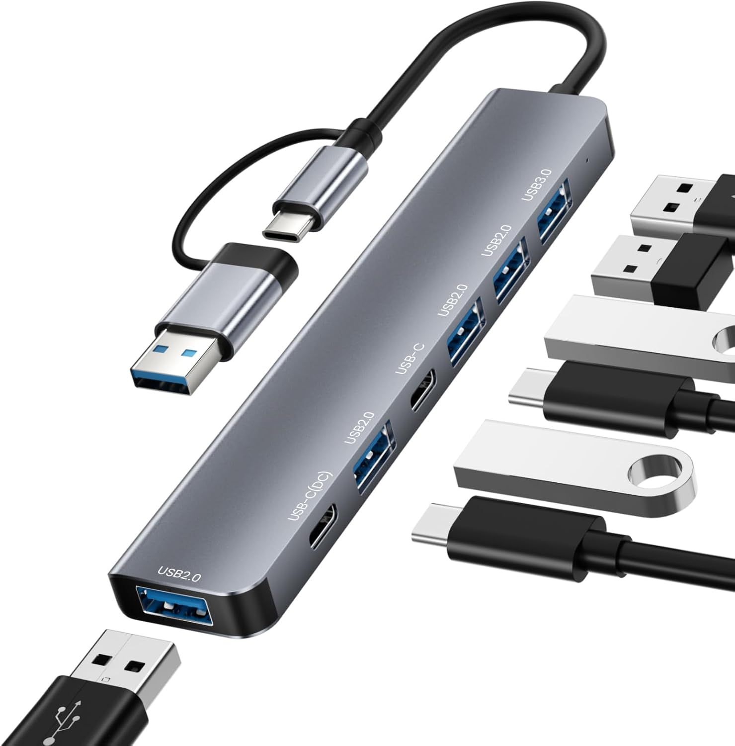 VDFHDFJGFJ USB-C 3.0 Hub, 7-in-1 Universal USB-C Docking Station with 2 USB-C Ports, 1 USB 3.0 Port, and 4 USB 2.0 Ports