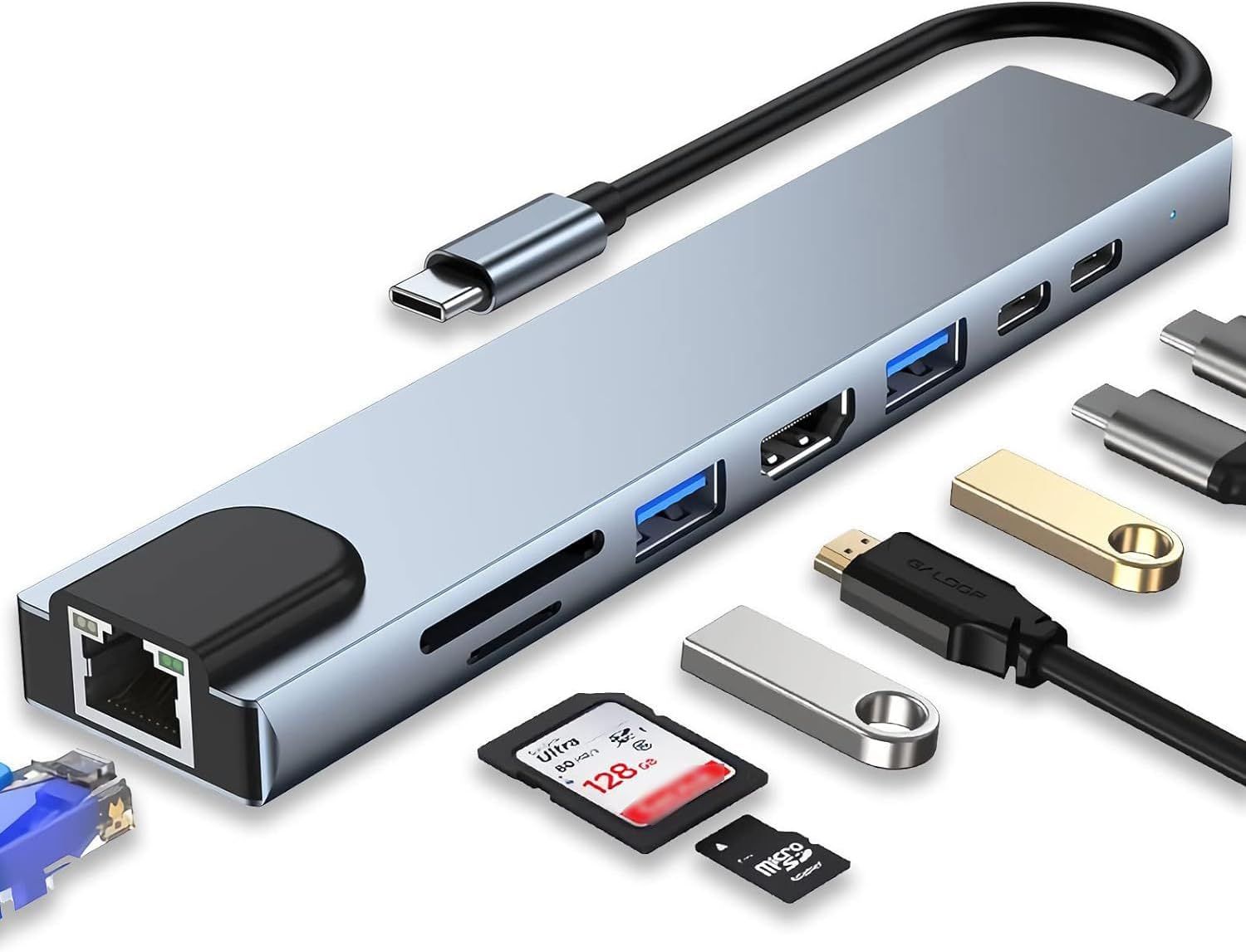 VDFHDFJGFJ 8-Port Multi-Adapter Docking Station with USB Type-C/4K @ 30Hz HD, 2 USB 3.0 Ports, Power Delivery 100W, SD/TF Card Reader, Ethernet RJ45, Compatible with iPhone 15, MacBook, iPad