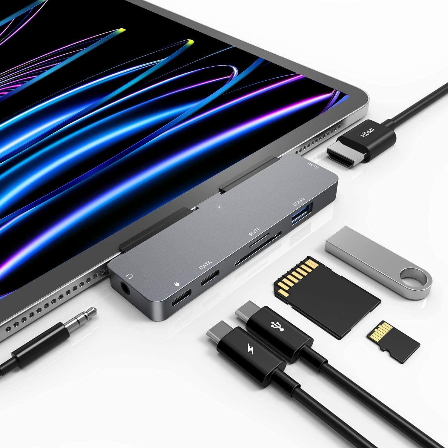 USB-C Hub for iPad Pro, 7-in-1 Adapter for iPad Pro M4/M2/M1, Air 5/4, Mini 6 with 4K HDMI, USB-C, SD/TF Card Reader, USB 3.0, 3.5mm AUX
