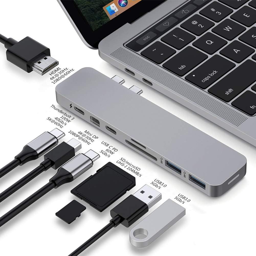 VDFHDFJGFJ Pro 8-in-2 Hub, 8 Ports HDMI 4K, USB 3.0, USB-C, Mini DisplayPort, SD Card Reader, Grey