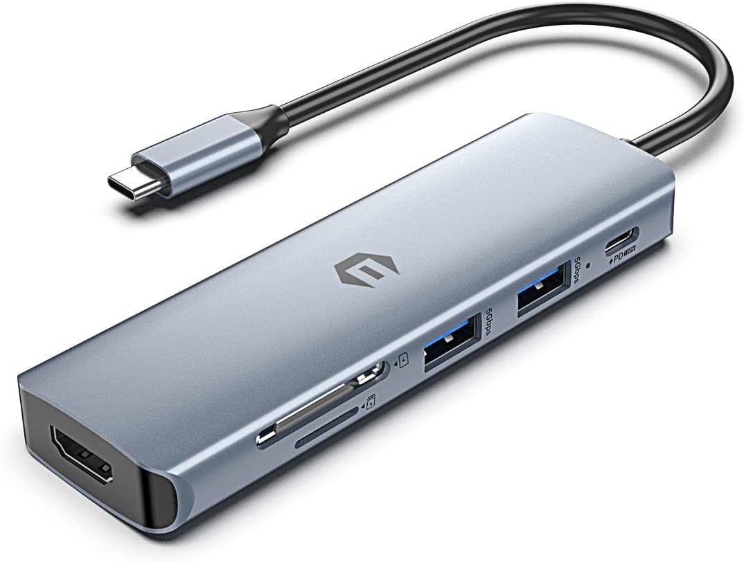 USB-C Hub for MacBook M1/M2, 6-in-1 Type-C Hub with 2 x USB 3.0, HDMI, PD, SD/TF Compatible with Laptop/PC/Tablet/Mouse/Keyboard