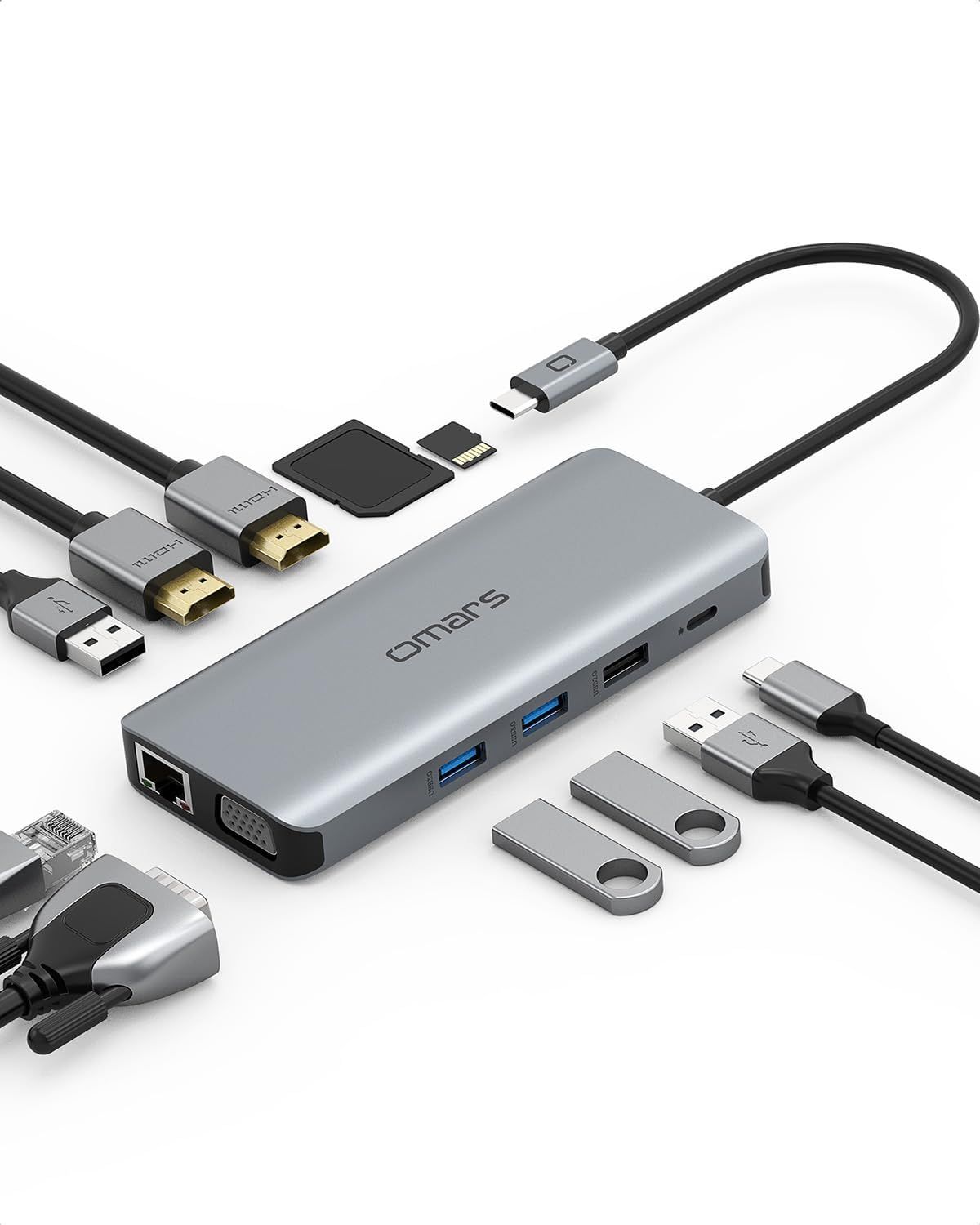 USB-C Triple Screen Docking Station with 2 HDMI 4K, VGA, Gigabit Ethernet, PD 100W, 4 USB, SD/TF for MacBook Pro/Air