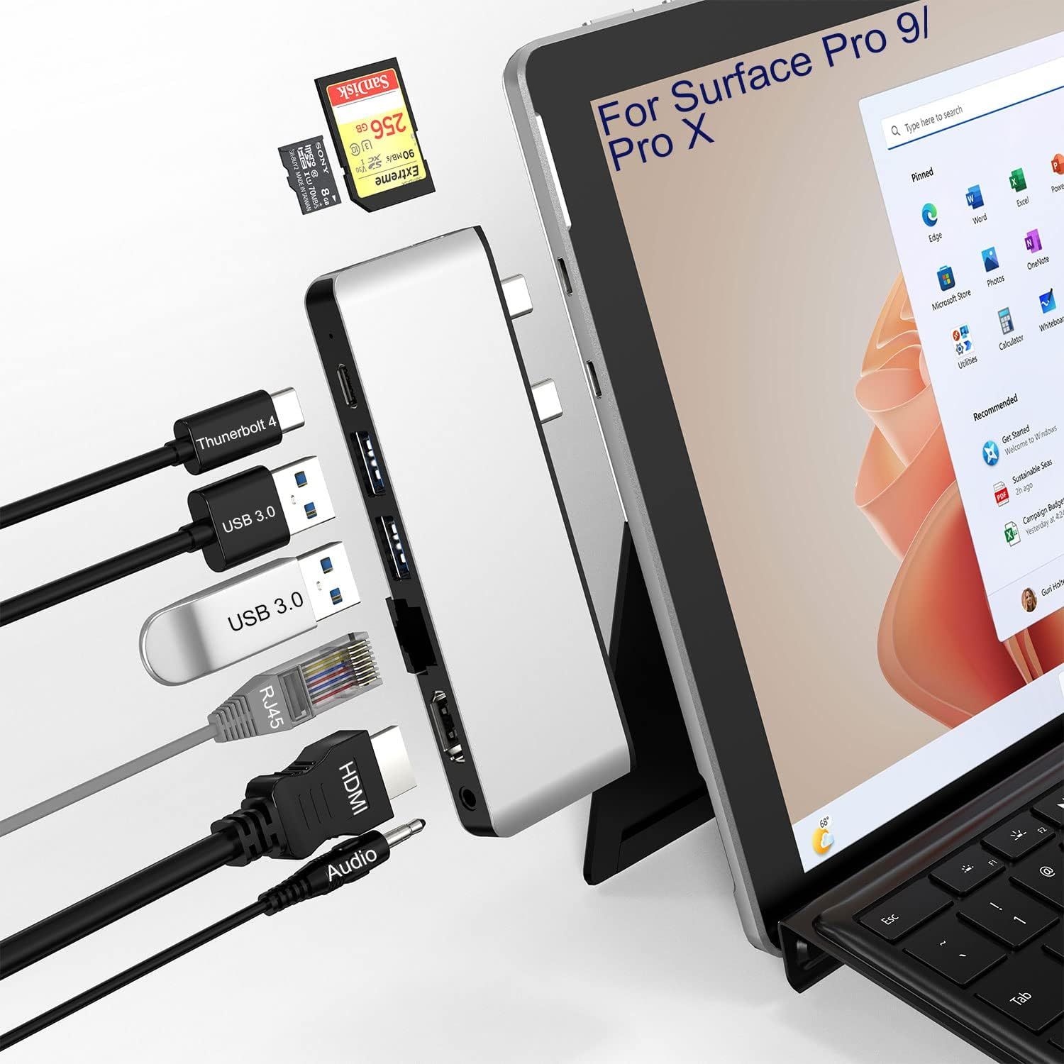Surface Pro 9 Hub Dock with HDMI 4K, USB-C Thunderbolt (8K@30Hz+40G Data+100W Power), 100M RJ45, USB3.0, SD/TF Card Slot, 3.5mm Audio, Triple Display for Surface Pro 9/X