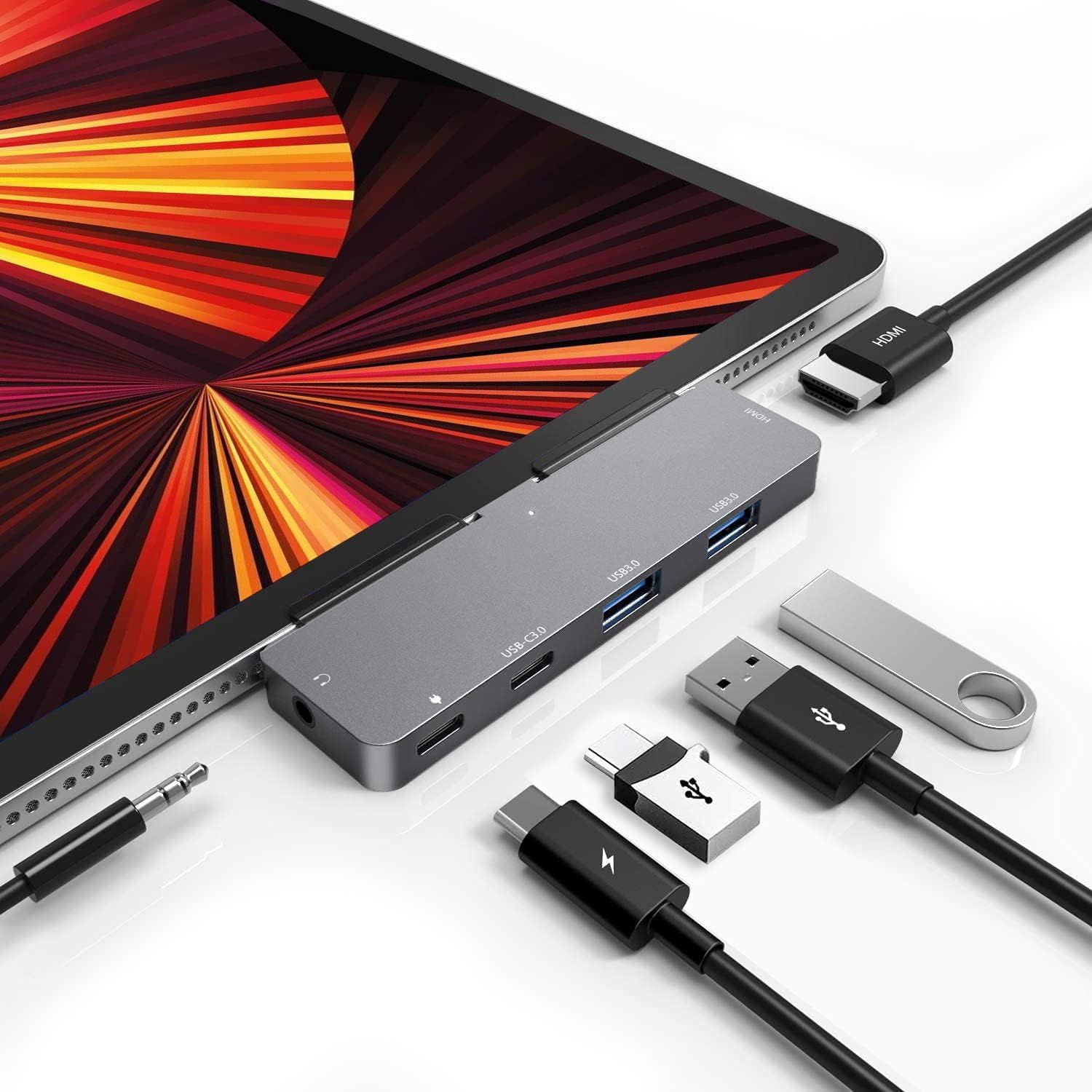 USB-C Hub for iPad Pro - 6-in-1 Adapter for iPad Air, iPad Pro Dock with HDMI 4K, AUX 3.5mm, 2 USB 3.0, USB-C Charging & Data
