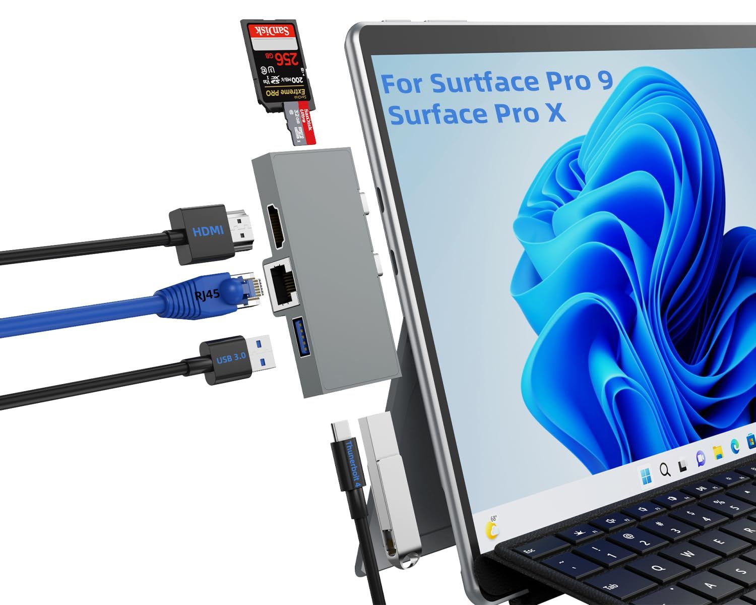 Surface Pro 9 Hub Dock with HDMI 4K, USB-C Thunderbolt 4 (8K Video @ 30Hz + 40G Data Transfer + 100W PD Charging), 2 USB 3.0, SD/TF Card Reader, 1000Mbps Ethernet for Microsoft Surface Pro