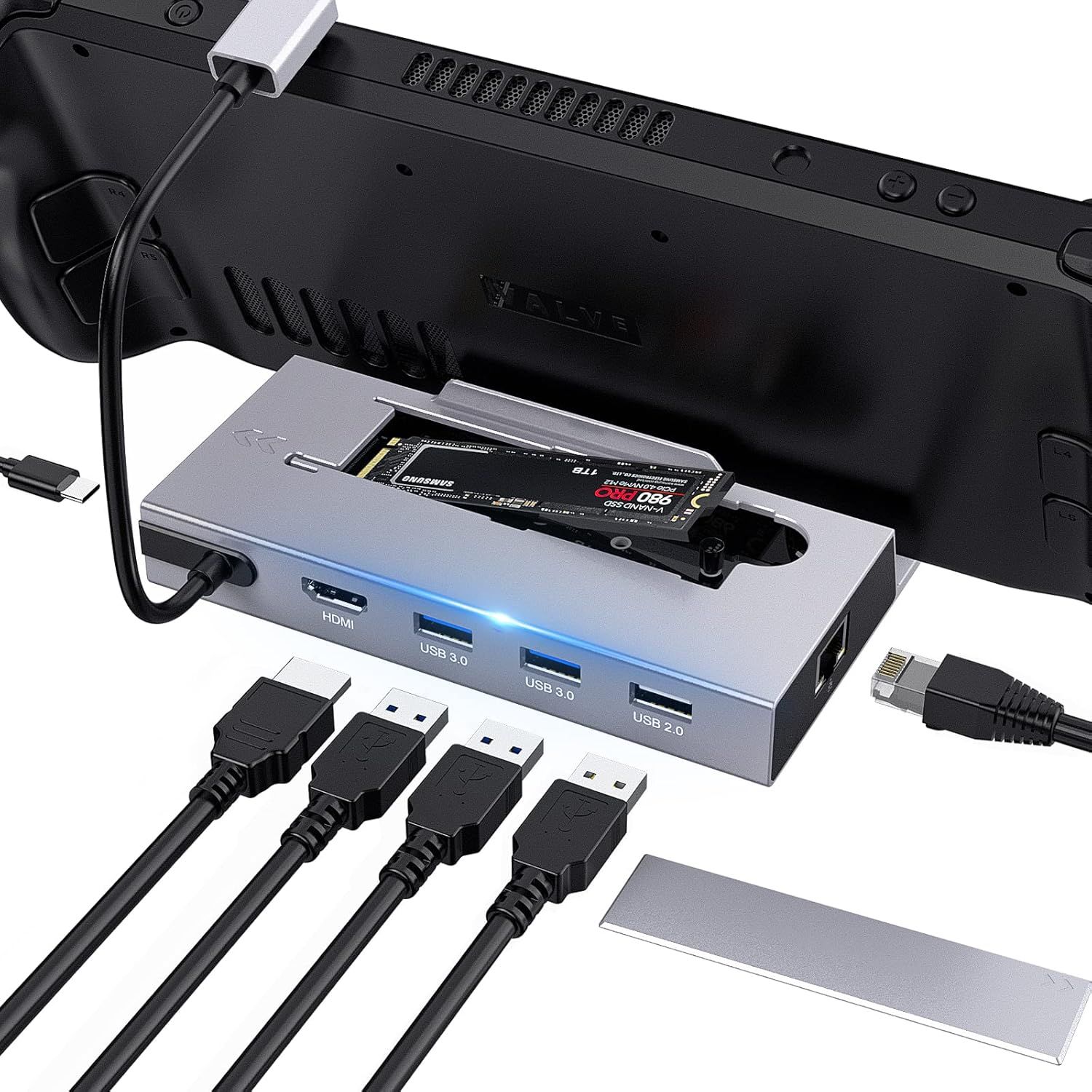 M.2 Steam Deck Docking Station, 7-in-1 with 2TB M.2 Slot to HDMI 2.0 4K@60Hz, Gigabit Ethernet, 2 USB 3.0 Ports, USB 2.0 Port and 100W PD Fast Charging