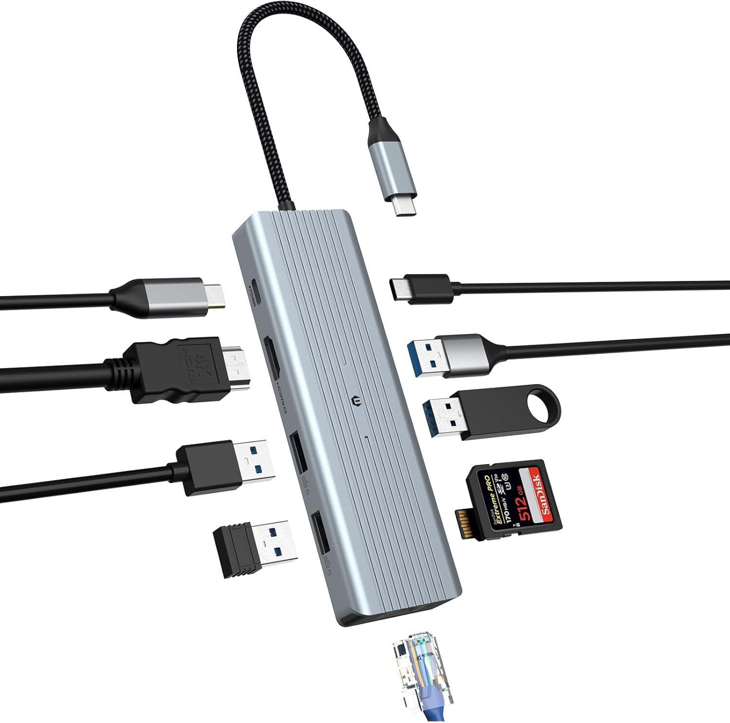 USB-C Docking Station with HDMI 4K, Dual Monitor Support, USB-C 3.0, 4 USB Ports, 100W PD, SD/TF, Ethernet Compatible
